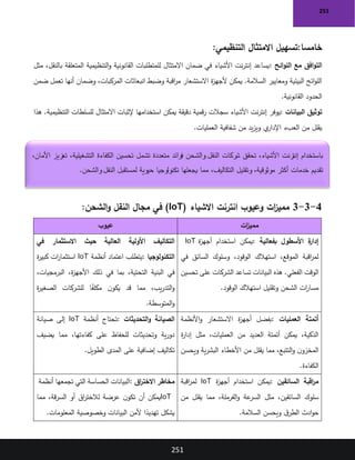 251
251
:‫خامسا‬
‫التنظيمي‬ ‫االمتثال‬ ‫تسهيل‬
:
‫مع‬ ‫افق‬‫و‬‫الت‬
‫ائح‬‫و‬‫الل‬
:
‫مثل‬ ،‫بالنقل‬ ‫المتعلقة‬ ‫التنظيمية‬‫و‬ ‫القانونية‬ ‫للمتطلبات‬ ‫االمتثال‬ ‫ضمان‬ ‫في‬ ‫األشياء‬ ‫نت‬‫ر‬‫إنت‬ ‫يساعد‬
‫ضمن‬ ‫تعمل‬ ‫أنها‬ ‫وضمان‬ ،‫المركبات‬ ‫انبعاثات‬ ‫وضبط‬ ‫اقبة‬
‫ر‬‫م‬ ‫االستشعار‬ ‫ة‬
‫ز‬‫ألجه‬ ‫يمكن‬ .‫السالمة‬ ‫ومعايير‬ ‫البيئية‬ ‫ائح‬‫و‬‫الل‬
‫القانونية‬ ‫الحدود‬
.
‫البيانات‬ ‫توثيق‬
:
‫نت‬‫ر‬‫إنت‬ ‫يوفر‬
‫هذا‬ .‫التنظيمية‬ ‫للسلطات‬ ‫االمتثال‬ ‫إلثبات‬ ‫استخدامها‬ ‫يمكن‬ ‫دقيقة‬ ‫قمية‬‫ر‬ ‫سجالت‬ ‫األشياء‬
‫العمليات‬ ‫شفافية‬ ‫من‬ ‫يد‬‫ز‬‫وي‬ ‫ي‬
‫اإلدار‬ ‫العبء‬ ‫من‬ ‫يقلل‬
.
4
-
3
-
3
( ‫االشياء‬ ‫انترنت‬ ‫وعيوب‬ ‫ات‬
‫ز‬‫ممي‬
IoT
:‫الشحن‬‫و‬ ‫النقل‬ ‫مجال‬ ‫في‬ )
‫ات‬
‫ز‬‫ممي‬
‫عيوب‬
‫بفعالية‬ ‫األسطول‬ ‫ة‬
‫إدار‬
:
‫ة‬
‫ز‬‫أجه‬ ‫استخدام‬ ‫يمكن‬
IoT
‫في‬ ‫السائق‬ ‫وسلوك‬ ،‫الوقود‬ ‫استهالك‬ ،‫الموقع‬ ‫اقبة‬
‫ر‬‫لم‬
‫الوقت‬
‫تحسين‬ ‫على‬ ‫الشركات‬ ‫تساعد‬ ‫البيانات‬ ‫هذه‬ .‫الفعلي‬
‫الوقود‬ ‫استهالك‬ ‫وتقليل‬ ‫الشحن‬ ‫ات‬
‫ر‬‫مسا‬
.
‫العالية‬ ‫األولية‬ ‫التكاليف‬
‫حيث‬
‫في‬ ‫االستثمار‬
‫التكنولوجيا‬
:
‫أنظمة‬ ‫اعتماد‬ ‫يتطلب‬
IoT
‫ة‬
‫ر‬‫كبي‬ ‫ات‬
‫ر‬‫استثما‬
،‫البرمجيات‬ ،‫ة‬
‫ز‬‫األجه‬ ‫ذلك‬ ‫في‬ ‫بما‬ ،‫التحتية‬ ‫البنية‬ ‫في‬
‫ن‬‫يكو‬ ‫قد‬ ‫مما‬ ،‫يب‬‫ر‬‫التد‬‫و‬
‫ة‬
‫ر‬‫الصغي‬ ‫للشركات‬ ‫ا‬ً
‫مكلف‬
‫المتوسطة‬‫و‬
.
‫العمليات‬ ‫أتمتة‬
:
‫األنظمة‬‫و‬ ‫االستشعار‬ ‫ة‬
‫ز‬‫أجه‬ ‫بفضل‬
‫ة‬
‫ر‬‫إدا‬ ‫مثل‬ ،‫العمليات‬ ‫من‬ ‫العديد‬ ‫أتمتة‬ ‫يمكن‬ ،‫الذكية‬
‫ويحسن‬ ‫ية‬‫ر‬‫البش‬ ‫األخطاء‬ ‫من‬ ‫يقلل‬ ‫مما‬ ،‫التتبع‬‫و‬ ‫ن‬‫المخزو‬
‫الكفاءة‬
.
‫التحديثات‬‫و‬ ‫الصيانة‬
:
‫أنظمة‬ ‫تحتاج‬
IoT
‫صيانة‬ ‫إلى‬
‫يضيف‬ ‫مما‬ ،‫كفاءتها‬ ‫على‬ ‫للحفاظ‬ ‫وتحديثات‬ ‫ية‬‫ر‬‫دو‬
‫الطويل‬ ‫المدى‬ ‫على‬ ‫إضافية‬ ‫تكاليف‬
.
‫السائقين‬ ‫اقبة‬
‫ر‬‫م‬
:
‫ة‬
‫ز‬‫أجه‬ ‫استخدام‬ ‫يمكن‬
IoT
‫اقبة‬
‫ر‬‫لم‬
‫من‬ ‫يقلل‬ ‫مما‬ ،‫الفرملة‬‫و‬ ‫عة‬
‫السر‬ ‫مثل‬ ،‫السائقين‬ ‫سلوك‬
‫السالمة‬ ‫ويحسن‬ ‫ق‬‫الطر‬ ‫ادث‬‫و‬‫ح‬
.
‫اق‬
‫ر‬‫االخت‬ ‫مخاطر‬
:
‫أنظمة‬ ‫تجمعها‬ ‫التي‬ ‫الحساسة‬ ‫البيانات‬
IoT
‫عرضة‬ ‫ن‬‫تكو‬ ‫أن‬ ‫يمكن‬
‫مما‬ ،‫قة‬‫ر‬‫الس‬ ‫أو‬ ‫اق‬
‫ر‬‫لالخت‬
‫المعلومات‬ ‫وخصوصية‬ ‫البيانات‬ ‫ألمن‬ ‫ا‬ً
‫تهديد‬ ‫يشكل‬
.
،‫األمان‬ ‫تعزيز‬ ،‫التشغيلية‬ ‫الكفاءة‬ ‫تحسين‬ ‫تشمل‬ ‫متعددة‬ ‫فوائد‬ ‫والشحن‬ ‫النقل‬ ‫شركات‬ ‫تحقق‬ ،‫األشياء‬ ‫إنترنت‬ ‫باستخدام‬
‫والشحن‬ ‫النقل‬ ‫لمستقبل‬ ‫حيوية‬ ‫تكنولوجيا‬ ‫يجعلها‬ ‫مما‬ ،‫التكاليف‬ ‫وتقليل‬ ،‫موثوقية‬ ‫أكثر‬ ‫خدمات‬ ‫تقديم‬
.
 