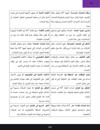 252
252
‫الحساسة‬ ‫الشحنات‬ ‫اقبة‬
‫ر‬‫م‬
:
‫ة‬
‫ز‬‫أجه‬
IoT
‫اقبة‬
‫ر‬‫م‬ ‫يمكنها‬
‫للشحنات‬ )‫الرطوبة‬‫و‬ ‫ة‬
‫ر‬‫ا‬
‫ر‬‫الح‬ ‫درجة‬ ‫(مثل‬ ‫البيئية‬ ‫الظروف‬
‫بحالة‬ ‫وصولها‬ ‫لضمان‬ ،‫األغذية‬ ‫أو‬ ‫األدوية‬ ‫مثل‬ ‫الحساسة‬
‫جيدة‬
.
‫األمنية‬ ‫ات‬
‫ر‬‫الثغ‬
:
‫قد‬
‫ات‬
‫ر‬‫ثغ‬ ‫على‬ ‫المتصلة‬ ‫ة‬
‫ز‬‫األ