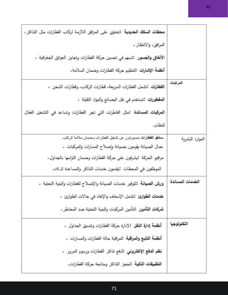 71
71
‫الحديدية‬ ‫السكك‬ ‫محطات‬
:
،‫التذاكر‬ ‫مثل‬ ‫ات‬
‫ر‬‫القطا‬ ‫لركاب‬ ‫الالزمة‬ ‫افق‬
‫ر‬‫الم‬ ‫على‬ ‫تحتوي‬
‫االنتظار‬‫و‬ ،‫افق‬
‫ر‬‫الم‬
.
‫الجسور‬‫و‬ ‫األنفاق‬
:
‫في‬ ‫تسهم‬
‫افية‬
‫ر‬‫الجغ‬ ‫ائق‬‫و‬‫الع‬ ‫وتجاوز‬ ‫ات‬
‫ر‬‫القطا‬ ‫حركة‬ ‫تحسين‬
.
‫ات‬
‫ر‬‫اإلشا‬ ‫أنظمة‬
:
‫السالمة‬ ‫وضمان‬ ‫ات‬
‫ر‬‫القطا‬ ‫حركة‬ ‫لتنظيم‬
.
‫المركبات‬
‫ات‬
‫ر‬‫القطا‬
:
‫الشحن‬ ‫ات‬
‫ر‬‫وقطا‬ ،‫الركاب‬ ‫ات‬
‫ر‬‫قطا‬ ،‫يعة‬‫ر‬‫الس‬ ‫ات‬
‫ر‬‫القطا‬ ‫تشمل‬
.
‫ات‬
‫ر‬‫المقطو‬
:
‫الثقيلة‬ ‫اد‬‫و‬‫الم‬‫و‬ ‫البضائع‬ ‫نقل‬ ‫في‬ ‫تستخدم‬
.
‫المركبات‬
‫المساندة‬
:
‫ال‬ّ
‫الفع‬ ‫التشغيل‬ ‫في‬ ‫وتساعد‬ ‫ات‬
‫ر‬‫القطا‬ ‫تجر‬ ‫التي‬ ‫ات‬
‫ر‬‫القاط‬ ‫مثل‬
‫للنظام‬
.
‫ية‬‫ر‬‫البش‬ ‫ارد‬‫و‬‫الم‬
‫القطارات‬ ‫سائقو‬
:
‫الركاب‬ ‫سالمة‬ ‫وضمان‬ ‫القطارات‬ ‫تشغيل‬ ‫عن‬ ‫مسؤولون‬
.
‫الصيانة‬ ‫عمال‬
‫المركبات‬‫و‬ ‫ات‬
‫ر‬‫المسا‬ ‫إصالح‬‫و‬ ‫بصيانة‬ ‫ن‬‫يقومو‬
.
‫الحركة‬ ‫اقبو‬
‫ر‬‫م‬
:
‫حركة‬ ‫على‬ ‫ن‬‫فو‬‫ر‬‫يش‬
‫بالجداول‬ ‫امها‬
‫ز‬‫الت‬ ‫وضمان‬ ‫ات‬
‫ر‬‫القطا‬
.
‫المحطات‬ ‫في‬ ‫ن‬‫الموظفو‬
:
‫المساعدة‬‫و‬ ‫التذاكر‬ ‫خدمات‬ ‫ن‬‫يقدمو‬
‫للركاب‬
.
‫المساندة‬ ‫الخدمات‬
‫الصيانة‬ ‫ورش‬
:
‫التحتية‬ ‫البنية‬‫و‬ ‫ات‬
‫ر‬‫للقطا‬ ‫اإلصالح‬‫و‬ ‫الصيانة‬ ‫خدمات‬ ‫لتوفير‬
.
‫ئ‬
‫ار‬‫و‬‫الط‬ ‫خدمات‬
:
‫ئ‬
‫ار‬‫و‬‫الط‬ ‫حاالت‬ ‫في‬ ‫اإلنقاذ‬‫و‬ ‫اإلسعاف‬ ‫تشمل‬
.
‫التأمين‬ ‫شركات‬
:
‫المخاطر‬ ‫ضد‬ ‫التحتية‬ ‫البنية‬‫و‬ ‫المركبات‬ ‫لتأمين‬
.
‫التكنولوجيا‬
‫النقل‬ ‫ة‬
‫إدار‬ ‫أنظمة‬
:
‫الجداول‬ ‫وتنسيق‬ ‫ات‬
‫ر‬‫القطا‬ ‫حركة‬ ‫ة‬
‫ر‬‫إلدا‬
.
‫اقبة‬
‫ر‬‫الم‬‫و‬ ‫التتبع‬ ‫أنظمة‬
:
‫ات‬
‫ر‬‫المسا‬‫و‬ ‫ات‬
‫ر‬‫القطا‬ ‫حالة‬ ‫اقبة‬
‫ر‬‫لم‬
.
‫اإللكتروني‬ ‫الدفع‬ ‫نظم‬
:
‫ورسوم‬ ‫ات‬
‫ر‬‫القطا‬ ‫تذاكر‬ ‫لدفع‬
‫المرور‬
.
‫الذكية‬ ‫التطبيقات‬
:
‫ات‬
‫ر‬‫القطا‬ ‫حركة‬ ‫ومتابعة‬ ‫التذاكر‬ ‫لحجز‬
.
 