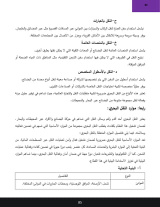 85
85
‫ح‬
-
‫ات‬
‫ر‬‫بالعبا‬ ‫النقل‬
:
‫الخلجان‬‫و‬ ‫المضائق‬ ‫عبر‬ ‫مثل‬ ‫ة‬
‫ر‬‫القصي‬ ‫المسافات‬ ‫عبر‬ ‫انئ‬‫و‬‫الم‬ ‫بين‬ ‫ات‬
‫ر‬‫السيا‬‫و‬ ‫الركاب‬ ‫لنقل‬ ‫ة‬
‫ر‬‫العبا‬ ‫سفن‬ ‫استخدام‬ ‫يشمل‬
.
‫األماكن‬ ‫بين‬ ‫لالنتقال‬ ‫يعة‬‫ر‬‫وس‬ ‫يحة‬‫ر‬‫م‬ ‫وسيلة‬ ‫يوفر‬
‫المختلفة‬ ‫المجتمعات‬ ‫بين‬ ‫االتصال‬ ‫من‬ ‫ويعزز‬ ،‫يبة‬‫ر‬‫الق‬
.
‫خ‬
-
‫العائمة‬ ‫بالمنصات‬ ‫النقل‬
‫ى‬
‫أخر‬ ‫ق‬‫بطر‬ ‫نقلها‬ ‫يمكن‬ ‫ال‬ ‫التي‬ ‫الثقيلة‬ ‫المعدات‬ ‫أو‬ ‫البضائع‬ ‫لنقل‬ ‫العائمة‬ ‫المنصات‬ ‫استخدام‬ ‫يشمل‬
.
:
‫أو‬ ‫الضحلة‬ ‫المياه‬ ‫ذات‬ ‫المناطق‬ ‫مثل‬ ،‫التقليدية‬ ‫الشحن‬ ‫سفن‬ ‫استخدام‬ ‫فيها‬ ‫يمكن‬ ‫ال‬ ‫التي‬ ‫الظروف‬ ‫في‬ ‫النقل‬ ‫يتيح‬
‫المؤقتة‬ ‫افق‬
‫ر‬‫الم‬
.
‫د‬
-
‫المخصص‬ ‫باألسطول‬ ‫النقل‬
‫البضائع‬ ‫من‬ ‫محددة‬ ‫اع‬‫و‬‫أن‬ ‫لنقل‬ ‫معينة‬ ‫صناعة‬ ‫أو‬ ‫لشركة‬ ‫تخصيصها‬ ‫يتم‬ ‫التي‬ ‫السفن‬ ‫من‬ ‫أسطول‬ ‫استخدام‬ ‫يشمل‬
.
‫ى‬
‫الكبر‬ ‫الصناعات‬ ‫أو‬ ‫بالشركات‬ ‫الخاصة‬ ‫النقل‬ ‫احتياجات‬ ‫لتلبية‬ ‫مخصصة‬ ً
‫ال‬
‫و‬‫حل‬ ‫يوفر‬
.
‫نة‬‫ر‬‫م‬ ‫حلول‬ ‫توفير‬ ‫في‬ ‫تساهم‬ ‫حيث‬ ،‫العالمية‬ ‫ة‬
‫ر‬‫التجا‬‫و‬ ‫النقل‬ ‫متطلبات‬ ‫لتلبية‬ ‫ية‬‫ر‬‫ضرو‬ ‫ي‬
‫البحر‬ ‫النقل‬ ‫من‬ ‫اع‬‫و‬‫األن‬ ‫هذه‬ ‫تعتبر‬
‫المحيطات‬‫و‬ ‫البحار‬ ‫عبر‬ ‫البضائع‬ ‫من‬ ‫متنوعة‬ ‫مجموعة‬ ‫لنقل‬ ‫وفعالة‬
.
‫النقل‬ ‫ارد‬‫و‬‫م‬ :‫ابعا‬
‫ر‬
‫ي‬
‫البحر‬
:
‫عبر‬ ‫اد‬
‫ر‬‫األف‬‫و‬ ‫البضائع‬ ‫حركة‬ ‫في‬ ‫تساهم‬ ‫التي‬ ‫النقل‬ ‫وسائل‬ ‫أهم‬‫و‬ ‫أقدم‬ ‫أحد‬ ‫ي‬
‫البحر‬ ‫النقل‬ ‫يعتبر‬
.‫البحار‬‫و‬ ‫المحيطات‬
‫فعاليته‬ ‫تحسين‬ ‫في‬ ‫تسهم‬ ‫التي‬ ‫األساسية‬ ‫ارد‬‫و‬‫الم‬ ‫من‬ ‫مجموعة‬ ‫ي‬
‫البحر‬ ‫النقل‬ ‫يتطلب‬ ،‫بكفاءة‬ ‫النظام‬ ‫هذا‬ ‫تشغيل‬ ‫لضمان‬
‫ي‬
‫البحر‬ ‫بالنقل‬ ‫المتعلقة‬ ‫ارد‬‫و‬‫الم‬ ‫تفاصيل‬ ‫يلي‬ ‫فيما‬ .‫وسالمته‬
:
‫من‬ .‫المائية‬ ‫المسطحات‬ ‫عبر‬ ‫النقل‬ ‫لعمليات‬ ‫آمن‬‫و‬ ‫فعال‬ ‫تشغيل‬ ‫لضمان‬ ‫ية‬‫ر‬‫ضرو‬ ‫ي‬
‫البحر‬ ‫للنقل‬ ‫األساسية‬ ‫ارد‬‫و‬‫الم‬ ‫تعد‬
‫عمليات‬ ‫وفعالية‬ ‫كفاءة‬ ‫تحسين‬ ‫في‬ ‫ا‬ً
‫حيوي‬ ‫ا‬ً
‫دور‬ ‫يلعب‬ ‫عنصر‬ ‫كل‬ ،‫المساندة‬ ‫الخدمات‬‫و‬ ‫ية‬‫ر‬‫البش‬ ‫ارد‬‫و‬‫الم‬ ‫إلى‬ ‫التحتية‬ ‫البنية‬
‫تلعبان‬ ‫يعات‬‫ر‬‫التش‬‫و‬ ‫التكنولوجيا‬ ‫أن‬ ‫كما‬ .‫الشحن‬
‫ارد‬‫و‬‫الم‬ ‫تساهم‬ ‫بينما‬ ،‫ي‬
‫البحر‬ ‫النقل‬ ‫وفعالية‬ ‫أمان‬ ‫ضمان‬ ‫في‬ ‫ا‬ً
‫مهم‬ ‫ا‬ً
‫دور‬
‫القطاع‬ ‫هذا‬ ‫في‬ ‫البيئية‬ ‫االستدامة‬ ‫يز‬‫ز‬‫تع‬ ‫في‬ ‫البيئية‬
.
‫أ‬
-
‫التحتية‬ ‫البنية‬
‫ع‬
‫النو‬
‫التفاصيل‬
‫انئ‬‫و‬‫الم‬
‫المختلفة‬ ‫انئ‬‫و‬‫الم‬ ‫في‬ ‫الحاويات‬ ‫ومحطات‬ ،‫اللوجستية‬ ‫افق‬
‫ر‬‫الم‬ ،‫األرصفة‬ ‫تشمل‬
.
 