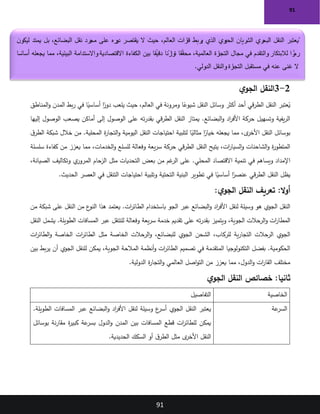 91
91
2
-
3
‫ي‬‫الجو‬ ‫النقل‬
‫النقل‬ ‫وسائل‬ ‫أكثر‬ ‫أحد‬ ‫قي‬‫ر‬‫الط‬ ‫النقل‬ ‫عتبر‬ُ
‫ي‬
‫المناطق‬‫و‬ ‫المدن‬ ‫بط‬‫ر‬ ‫في‬ ‫ا‬ً
‫أساسي‬ ‫ا‬ً
‫دور‬ ‫يلعب‬ ‫حيث‬ ،‫العالم‬ ‫في‬ ‫ومرونة‬ ‫ا‬ً
‫شيوع‬
‫إليها‬ ‫الوصول‬ ‫يصعب‬ ‫أماكن‬ ‫إلى‬ ‫الوصول‬ ‫على‬ ‫ته‬‫ر‬‫بقد‬ ‫قي‬‫ر‬‫الط‬ ‫النقل‬ ‫يمتاز‬ .‫البضائع‬‫و‬ ‫اد‬
‫ر‬‫األف‬ ‫حركة‬ ‫وتسهيل‬ ‫يفية‬‫ر‬‫ال‬
‫التجار‬‫و‬ ‫اليومية‬ ‫النقل‬ ‫احتياجات‬ ‫لتلبية‬ ‫ا‬ً
‫مثالي‬ ‫ا‬ً
‫خيار‬ ‫يجعله‬ ‫مما‬ ،‫ى‬
‫األخر‬ ‫النقل‬ ‫بوسائل‬
‫ق‬‫الطر‬ ‫شبكة‬ ‫خالل‬ ‫من‬ .‫المحلية‬ ‫ة‬
‫سلسلة‬ ‫كفاءة‬ ‫من‬ ‫يعزز‬ ‫مما‬ ،‫الخدمات‬‫و‬ ‫للسلع‬ ‫وفعالة‬ ‫يعة‬‫ر‬‫س‬ ‫حركة‬ ‫قي‬‫ر‬‫الط‬ ‫النقل‬ ‫يتيح‬ ،‫ات‬
‫ر‬‫السيا‬‫و‬ ‫الشاحنات‬‫و‬ ‫ة‬
‫ر‬‫المتطو‬
،‫الصيانة‬ ‫وتكاليف‬ ‫ي‬
‫المرور‬ ‫الزحام‬ ‫مثل‬ ‫التحديات‬ ‫بعض‬ ‫من‬ ‫غم‬
‫الر‬ ‫على‬ .‫المحلي‬ ‫االقتصاد‬ ‫تنمية‬ ‫في‬ ‫ويساهم‬ ‫اإلمداد‬
‫قي‬‫ر‬‫الط‬ ‫النقل‬ ‫يظل‬
‫الحديث‬ ‫العصر‬ ‫في‬ ‫التنقل‬ ‫احتياجات‬ ‫وتلبية‬ ‫التحتية‬ ‫البنية‬ ‫تطوير‬ ‫في‬ ‫ا‬ً
‫أساسي‬ ‫ا‬ً
‫عنصر‬
.
:‫ي‬‫الجو‬ ‫النقل‬ ‫تعريف‬ :‫ال‬‫و‬‫أ‬
‫من‬ ‫شبكة‬ ‫على‬ ‫النقل‬ ‫من‬ ‫ع‬
‫النو‬ ‫هذا‬ ‫يعتمد‬ .‫ات‬
‫ر‬‫الطائ‬ ‫باستخدام‬ ‫الجو‬ ‫عبر‬ ‫البضائع‬‫و‬ ‫اد‬
‫ر‬‫األف‬ ‫لنقل‬ ‫وسيلة‬ ‫هو‬ ‫الجوي‬ ‫النقل‬
‫ويتميز‬ ،‫الجوية‬ ‫الرحالت‬‫و‬ ‫ات‬
‫ر‬‫المطا‬
‫النقل‬ ‫يشمل‬ .‫الطويلة‬ ‫المسافات‬ ‫عبر‬ ‫للتنقل‬ ‫وفعالة‬ ‫يعة‬‫ر‬‫س‬ ‫خدمة‬ ‫تقديم‬ ‫على‬ ‫ته‬‫ر‬‫بقد‬
‫ات‬
‫ر‬‫الطائ‬‫و‬ ‫الخاصة‬ ‫ات‬
‫ر‬‫الطائ‬ ‫مثل‬ ‫الخاصة‬ ‫الرحالت‬‫و‬ ،‫للبضائع‬ ‫الجوي‬ ‫الشحن‬ ،‫للركاب‬ ‫ية‬‫ر‬‫التجا‬ ‫الرحالت‬ ‫الجوي‬
‫ل‬ ‫يمكن‬ ،‫الجوية‬ ‫المالحة‬ ‫أنظمة‬‫و‬ ‫ات‬
‫ر‬‫الطائ‬ ‫تصميم‬ ‫في‬ ‫المتقدمة‬ ‫التكنولوجيا‬ ‫بفضل‬ .‫الحكومية‬
‫بين‬ ‫بط‬‫ر‬‫ي‬ ‫أن‬ ‫الجوي‬ ‫لنقل‬
‫الدولية‬ ‫ة‬
‫ر‬‫التجا‬‫و‬ ‫العالمي‬ ‫اصل‬‫و‬‫الت‬ ‫من‬ ‫يعزز‬ ‫مما‬ ،‫الدول‬‫و‬ ‫ات‬
‫ر‬‫القا‬ ‫مختلف‬
.
‫ي‬‫الجو‬ ‫النقل‬ ‫خصائص‬ :‫ثانيا‬
‫الخاصية‬
‫التفاصيل‬
‫عة‬
‫السر‬
.‫الطويلة‬ ‫المسافات‬ ‫عبر‬ ‫البضائع‬‫و‬ ‫اد‬
‫ر‬‫األف‬ ‫لنقل‬ ‫وسيلة‬ ‫ع‬
‫أسر‬ ‫الجوي‬ ‫النقل‬ ‫يعتبر‬
‫المدن‬ ‫بين‬ ‫المسافات‬ ‫قطع‬ ‫ات‬
‫ر‬‫للطائ‬ ‫يمكن‬
‫بوسائل‬ ‫نة‬‫ر‬‫مقا‬ ‫ة‬
‫ر‬‫كبي‬ ‫عة‬
‫بسر‬ ‫الدول‬‫و‬
‫الحديدية‬ ‫السكك‬ ‫أو‬ ‫ق‬‫الطر‬ ‫مثل‬ ‫ى‬
‫األخر‬ ‫النقل‬
.
‫ن‬‫ليكو‬ ‫يمتد‬ ‫بل‬ ،‫البضائع‬ ‫نقل‬ ‫مجرد‬ ‫على‬ ‫ره‬
‫دو‬ ‫يقتصر‬ ‫ال‬ ‫حيث‬ ،‫العالم‬ ‫رات‬
‫قا‬ ‫يربط‬ ‫الذي‬ ‫الحيوي‬ ‫الشريان‬ ‫ري‬
‫البح‬ ‫النقل‬ ‫عتبر‬ ُ
‫ي‬
‫أ‬ ‫يجعله‬ ‫مما‬ ،‫البيئية‬ ‫واالستدامة‬ ‫االقتصادية‬ ‫الكفاءة‬ ‫بين‬ ‫ا‬ ً
‫دقيق‬ ‫ا‬ ً
‫توازن‬ ‫ا‬ ً
‫محقق‬ ،‫العالمية‬ ‫رة‬
‫التجا‬ ‫مجال‬ ‫في‬ ‫والتقدم‬ ‫لالبتكار‬ ‫ا‬ ً
‫ز‬
‫رم‬
‫ا‬ ً
‫ساس‬
‫ف‬ ‫عنه‬ ‫غنى‬ ‫ال‬
‫الدولي‬ ‫والنقل‬ ‫رة‬
‫التجا‬ ‫مستقبل‬ ‫ي‬
.
 