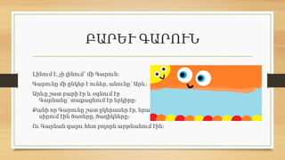 ԲԱՐԵՒ ԳԱՐՈՒՆ
,
Լինում է չի լինում՝ մի Գարուն։
,
Գարունը մի ընկեր է ուներ անունը՝ Արև։
Արևը շատ բարի էր և օգնում էր
Գարնանը՝ տաքացնում էր երկիրը։
,
Քանի որ Գարունը շատ ըկերասեր էր նրան
,
սիրում էին ծառերը ծաղիկները։
Ու Գարնան գալու հետ բոլորն արթնանում էին։
 