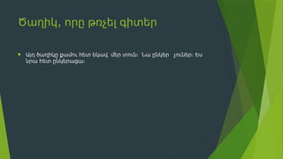 ,
Ծաղիկ որը թռչել գիտեր
 Այդ ծաղիկը քամու հետ եկավ մեր տուն։ Նա ընկեր չուներ։ Ես
նրա հետ ընկերացա։
 