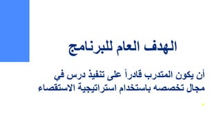 ‫للبرنامج‬ ‫العام‬ ‫الهدف‬
‫ف‬ ‫درس‬ ‫تنفيذ‬ ‫على‬ ً‫ا‬‫قادر‬ ‫المتدرب‬ ‫يكون‬ ‫أن‬
‫ي‬
‫االس‬ ‫استراتيجية‬ ‫باستخدام‬ ‫تخصصه‬ ‫مجال‬
‫تقصاء‬
.
 