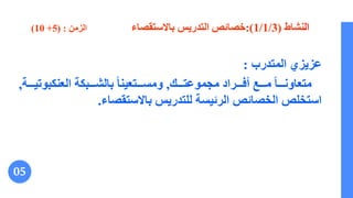 ‫ال‬
‫نشاط‬
(
1/1/3
:)
‫باالستقصاء‬ ‫التدريس‬ ‫خصائص‬
‫الزمن‬
( :
5
+
10
)
‫المتدرب‬ ‫عزيزي‬
:
‫اااك‬‫ا‬‫مجموعت‬ ‫اااراد‬‫ا‬‫أف‬ ‫اااع‬‫ا‬‫م‬ ً‫ا‬‫ااا‬‫ا‬‫متعاون‬
,
ً‫ا‬‫اااتعين‬‫ا‬‫ومس‬
‫العنكبوت‬ ‫ااابكة‬‫ا‬‫بالش‬
‫اااة‬‫ا‬‫ي‬
,
‫باالستقصاء‬ ‫للتدريس‬ ‫الرئيسة‬ ‫الخصائص‬ ‫استخلص‬
.
05
 