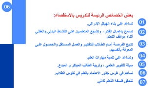 01
02
03
05
04
06
‫باالستقصاء‬ ‫للتدريس‬ ‫الرئيسة‬ ‫الخصائص‬ ‫بعض‬
:
‫اإلدراكي‬ ‫الهيكل‬ ‫بناء‬ ‫على‬ ‫تساعد‬
.
‫وا‬ ‫البمدني‬ ‫ماط‬‫م‬‫النا‬ ‫علمى‬ ‫مين‬‫م‬‫المتعلم‬ ‫وتامجت‬ ‫مرت‬‫م‬‫الرك‬ ‫بععممال‬ ‫تسمم‬
‫مي‬‫م‬‫لعقل‬
‫التعلم‬ ‫مواقف‬ ‫أثناء‬
.
‫ع‬ ‫مول‬‫م‬‫والحص‬ ‫متقل‬‫م‬‫المس‬ ‫مل‬‫م‬‫والعم‬ ‫مر‬‫م‬‫للتركي‬ ‫مالب‬‫م‬‫الط‬ ‫مام‬‫م‬‫أم‬ ‫مة‬‫م‬‫الررص‬ ‫مي‬‫م‬‫تت‬
‫مى‬‫م‬‫ل‬
‫بأنرسهم‬ ‫المعرفة‬
.
‫العلم‬ ‫مهارات‬ ‫تنمية‬ ‫على‬ ‫وتساعد‬
.
‫المبدع‬ ‫و‬ ‫المبتكر‬ ‫الطالب‬ ‫وتربية‬ ‫ت‬ ‫العلمي‬ ‫للتنوير‬ ‫سيلة‬
.
‫الطالب‬ ‫نروس‬ ‫في‬ ‫بالعلم‬ ‫االهتمام‬ ‫جذور‬ ‫غرس‬ ‫في‬ ‫تساهم‬
.
‫لذاتي‬ ‫التعلم‬ ‫فلسرة‬ ‫تتحقق‬
.
06
07
 