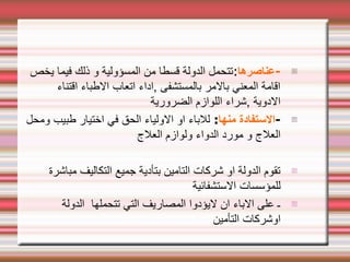 -
-
‫عناصرها‬
:
‫يخص‬ ‫فيما‬ ‫ذلك‬ ‫و‬ ‫المسؤولية‬ ‫من‬ ‫قسطا‬ ‫الدولة‬ ‫تتحمل‬
‫اقتناء‬ ‫الطباء‬ ‫اتعاب‬ ‫اداء‬, ‫بالمستشفى‬ ‫بالمر‬ ‫المعني‬ ‫اقامة‬
‫الضرورية‬ ‫اللوازم‬ ‫شراء‬, ‫الدوية‬
-
-
‫منها‬ ‫الستفادة‬
:
‫ومحل‬ ‫طبيب‬ ‫اختيار‬ ‫في‬ ‫الحق‬ ‫الولياء‬ ‫او‬ ‫للباء‬
‫العلج‬ ‫ولوازم‬ ‫الدواء‬ ‫مورد‬ ‫و‬ ‫العلج‬
-
‫مباشرة‬ ‫التكاليف‬ ‫جميع‬ ‫بتأدية‬ ‫التامين‬ ‫شركات‬ ‫او‬ ‫الدولة‬ ‫تقوم‬
‫الستشفائية‬ ‫للمؤسسات‬
-
‫الدولة‬ ‫تتحملها‬ ‫التي‬ ‫المصاريف‬ ‫ليؤدوا‬ ‫ان‬ ‫الباء‬ ‫على‬ ‫ـ‬
‫التأمين‬ ‫اوشركات‬
 