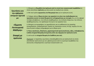 Ερωτήσεις για
την αφήγηση
ιστοριών σχετικά
με:
«Έμμεση
«Έμμεση
Λειτουργική
Λειτουργική
Μάθηση»
Μάθηση»
1. Μπορείς να θυμηθείς ένα πρόσωπο από το στενό σου οικογενειακό περιβάλλον το
οποίο αποτέλεσε πρότυπο για σένα κατά την παιδική σου ηλικία;
2. Με ποιό τρόπο ερμηνεύεις τον θαυμασμό σου για το πρόσωπο αυτό;
3. Υπάρχει κάποιο θέμα στη ζωή, την εργασία ή εν γένει την σταδιοδρομία του
προσώπου αυτού το οποίο θεωρείς ότι το διαχειρίστηκε με επιτυχία; (π.χ. σε ότι αφορά
τη λήψη αποφάσεων, την επίλυση προβλημάτων, την επιλογή στόχου/ων, την επίλυση
προβλήματος/των, τον σχεδιασμό στη ζωή ή την εργασία του);
4. Μπορείς να περιγράψεις τις αρμοδιότητες και τα καθήκοντα της εργασίας
(επαγγέλματος, επαγγελματικού τομέα) του προσώπου αυτού; Αν όχι, νομίζεις ότι σου
είναι δυνατό να βρεις πληροφορίες για το θέμα αυτό;
5. Ποιες ικανότητες, δεξιότητες, χαρακτηριστικά προσωπικότητας, αξίες, ενδιαφέροντα,
ή άλλα στοιχεία θαύμαζες/εκτιμούσες (τότε και σήμερα) στο πρόσωπο αυτό;
Επαφή με
Επαφή με
πρότυπα
πρότυπα
ή άλλα στοιχεία θαύμαζες/εκτιμούσες (τότε και σήμερα) στο πρόσωπο αυτό;
6. από αυτά τα στοιχεία θεωρείς ότι διαθέτεις και εσύ;
Σημείωση: οι παραπάνω ερωτήσεις επαναλαμβάνονται για πρόσωπο/α τα οποία
αποτέλεσαν πρότυπο/α για τον ωφελούμενο/η από το ευρύτερο περιβάλλον του
(κοινωνικό, επαγγελματικό, ευρύτερο οικογενειακό κ.ά.).
 