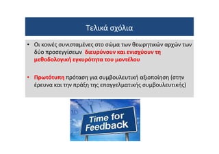 Τελικά σχόλια
Τελικά σχόλια
• Οι κοινές συνισταμένες στο σώμα των θεωρητικών αρχών των
δύο προσεγγίσεων διευρύνουν και ενισχύουν τη
διευρύνουν και ενισχύουν τη
μεθοδολογική εγκυρότητα του μοντέλου
μεθοδολογική εγκυρότητα του μοντέλου
•
• Πρωτότυπη
Πρωτότυπη πρόταση για συμβουλευτική αξιοποίηση (στην
• Οι κοινές συνισταμένες στο σώμα των θεωρητικών αρχών των
δύο προσεγγίσεων διευρύνουν και ενισχύουν τη
διευρύνουν και ενισχύουν τη
μεθοδολογική εγκυρότητα του μοντέλου
μεθοδολογική εγκυρότητα του μοντέλου
•
• Πρωτότυπη
Πρωτότυπη πρόταση για συμβουλευτική αξιοποίηση (στην
•
• Πρωτότυπη
Πρωτότυπη πρόταση για συμβουλευτική αξιοποίηση (στην
έρευνα και την πράξη της επαγγελματικής συμβουλευτικής)
•
• Πρωτότυπη
Πρωτότυπη πρόταση για συμβουλευτική αξιοποίηση (στην
έρευνα και την πράξη της επαγγελματικής συμβουλευτικής)
 