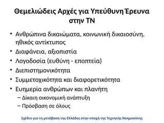 Θεμελιώδεις Αρχές για Υπεύθυνη Έρευνα
στην ΤΝ
• Ανθρώπινα δικαιώματα, κοινωνική δικαιοσύνη,
ηθικός αντίκτυπος
• Διαφάνεια, αξιοπιστία
• Λογοδοσία (ευθύνη - εποπτεία)
• Διεπιστημονικότητα
• Συμμετοχικότητα και διαφορετικότητα
• Ευημερία ανθρώπων και πλανήτη
– Δίκαιη οικονομική ανάπτυξη
– Πρόσβαση σε όλους
Σχέδιο για τη μετάβαση της Ελλάδας στην εποχή της Τεχνητής Νοημοσύνης
 