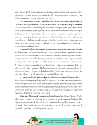 91
คูมือแนวทางการดูแลสุขภาพมารดาและทารกดวยการแพทยแผนไทย
ในระยะกอนตั้งครรภ ระยะตั้งครรภ ระยะคลอด ระยะหลังคลอด
พบวา กลุมทดลองมีระดับความทุกขทรมานจากการเจ็บครรภคลอดนอยกวากลุมควบคุม (กลุมทดลอง =5.74
กลุมควบคุม =6.81) และระยะเวลาในการคลอดทั้งระยะที่ 1 และระยะเวลาคลอดทั้งหมดนอยกวากลุม
ควบคุม (กลุมทดลอง =350.6 นาที กลุมควบคุม =396.6 นาที)
8. ประสิทธิผลของการใชแผนการจัดทานั่งแบบมณีเวชในหญิงระยะคลอดตอระดับความเจ็บปวด
เวลาในระยะปากมดลูกเปดเร็วและระดับการรับรูตอประสบการณการคลอดของหญิงในระยะคลอด
เปนงานวิจัยแบบกึ่งทดลอง ศึกษาในหญิงที่คลอดธรรมชาติ ปากมดลูกเปด 4 ซม. และไมใชยาเรงคลอด
จำนวน 57 ราย (กลุมทดลอง 29 ราย กลุมควบคุม 28ราย) โดยกลุมทดลองทำมณีเวชทาผีเสื้อรวมกับการดูแล
ปกติ กลุมควบคุมไดรับการดูแลปกติ ผลการศึกษาพบวา กลุมทดลองระยะเวลาการคลอดรวมระยะ Active
phase ของการคลอดนอยกวากลุมควบคุม (กลุมทดลอง = 78.45 นาที กลุมควบคุม =207.14 นาที) และกลุม
ทดลองมีคะแนนการรับรูประสบการณการคลอดมากกวากลุมควบคุม (กลุมทดลอง =44.38 กลุมควบคุม
=35.29) และกลุมทดลองและกลุมควบคุมมีระดับความเจ็บปวดบริเวณทองและหลังสวนลาง
ในระยะปากมดลูกเปดเร็วไมแตกตางกัน
9. ผลการใชทานั่งมณีเวชตอระดับความเจ็บปวด ระยะเวลาการคลอดและปริมาณการสูญเสีย
เลือดในผูคลอดปกติ เปนงานวิจัยแบบกึ่งทดลอง, Multicenter study ศึกษาในหญิงที่คลอดธรรมชาติ
ปากมดลูกเปด 4 ซม. และไมใชยาเรงคลอด จำนวน 620 ราย (กลุมควบคุม 310 ราย กลุมทดลอง 310 ราย)
โดยกลุมทดลองทำมณีเวชทาผีเสื้อ กลุมควบคุมนอนรอคลอดปกติ ผลการศึกษาพบวา กลุมทดลองมีระดับ
ความเจ็บปวดที่ระยะปากมดลูกเปดมากกวา 3 ซม. ต่ำกวากลุมควบคุม และระยะเวลาการคลอดในระยะ
ที่ 1-3 นอยกวากลุมควบคุม และปริมาณการสูญเสียเลือดนอยกวากลุมควบคุม (กลุมทดลอง =270.5 มล.
กลุมควบคุม =341.9 มล.) และอัตราการใชเครื่องสูญญากาศนอยกวากลุมควบคุม (กลุมทดลอง =รอยละ 5.5
กลุมควบคุม =รอยละ 12.6) และการตกเลือดหลังคลอดนอยกวากลุมควบคุม (กลุมทดลอง =รอยละ 4.8
กลุมควบคุม =รอยละ 12.9) มณีเวชชวยลดโอกาสการตกเลือดได รอยละ 68.5
10. ผลของการใชทามณีเวชตอการเผชิญความเจ็บปวดและระยะเวลาคลอดในหญิงครรภแรก
เปนงานวิจัยแบบกึ่งทดลอง ศึกษาในหญิงครรภแรก จำนวน 60 ราย (กลุมควบคุม 30 ราย กลุมทดลอง
30 ราย) โดยกลุมทดลองทำมณีเวช (ทายืน ทาเดิน ทาขัดสมาธิ ทาผีเสื้อ) รวมกับไดรับการดูแลปกติ สวนกลุม
ควบคุมนอนรอคลอดปกติ ผลการศึกษาพบวา กลุมทดลองมีระดับความเจ็บปวดขณะมดลูกหดตัวในระยะปาก
มดลูกเปด 6-8 ซม.ต่ำกวากลุมควบคุม และระยะเวลาคลอดระยะปากมดลูกเปดเร็วนอยกวากลุมควบคุม
(กลุมทดลอง =194.60 นาที, กลุมควบคุม =261.17 นาที)
11.ผลของการใชศาสตรมณีเวชลดระยะเวลาเจ็บครรภคลอด เปนงานวิจัยแบบกึ่งทดลอง ศึกษาใน
หญิงครรภแรก จำนวน 60 ราย (กลุมควบคุม 30 ราย กลุมทดลอง 30 ราย) โดยกลุมทดลองทำมณีเวชทาผีเสื้อ
กลุมควบคุมนอนรอคลอดปกติ ผลการศึกษาพบวา กลุมทดลองใชระยะเวลาในการคลอดในระยะที่ 1
และระยะที่ 2 นอยกวากลุมควบคุม (ระยะที่ 1 กลุมควบคุม =11 ชม.56นาที, กลุมทดลอง =9 ชม. 25 นาที
และระยะที่ 2 กลุมควบคุม =23 นาที, กลุมทดลอง =18 นาที)
 