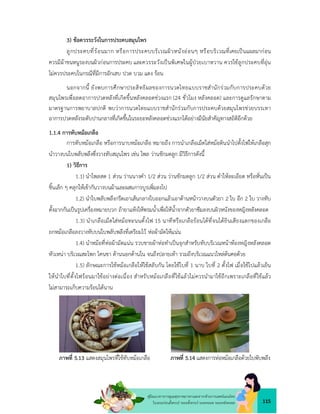 115
คูมือแนวทางการดูแลสุขภาพมารดาและทารกดวยการแพทยแผนไทย
ในระยะกอนตั้งครรภ ระยะตั้งครรภ ระยะคลอด ระยะหลังคลอด
3) ขอควรระวังในการประคบสมุนไพร
ลูกประคบที่รอนมาก หรือการประคบบริเวณผิวหนังออนๆ หรือบริเวณที่เคยเปนแผลมากอน
ควรมีผาขนหนูรองบนผิวกอนการประคบ และควรระวังเปนพิเศษในผูปวยเบาหวาน ควรใชลูกประคบที่อุน
ไมควรประคบในกรณีที่มีการอักเสบ ปวด บวม แดง รอน
นอกจากนี้ ยังพบการศึกษาประสิทธิผลของการนวดไทยแบบราชสำนักรวมกับการประคบดวย
สมุนไพรเพื่อลดอาการปวดหลังที่เกิดขึ้นหลังคลอดชวงแรก (24 ชั่วโมง หลังคลอด) และการดูแลรักษาตาม
มาตรฐานการพยาบาลปกติ พบวาการนวดไทยแบบราชสำนักรวมกับการประคบดวยสมุนไพรชวยบรรเทา
อาการปวดหลังระดับปานกลางที่เกิดขึ้นในระยะหลังคลอดชวงแรกไดอยางมีนัยสำคัญทางสถิติอีกดวย
1.1.4 การทับหมอเกลือ
การทับหมอเกลือ หรือการนาบหมอเกลือ หมายถึง การนำเกลือเม็ดใสหมอดินนำไปตั้งไฟใหเกลือสุก
นำวางบนใบพลับพลึงซึ่งวางทับสมุนไพร เชน ไพล วานชักมดลูก มีวิธีการดังนี้
1) วิธีการ
1.1) นำไพลสด 1 สวน วานนางคำ 1/2 สวน วานชักมดลูก 1/2 สวน ตำใหละเอียด หรือหั่นเปน
ชิ้นเล็ก ๆ คลุกใหเขากันวางบนผาและผสมการบูรเพิ่มลงไป
1.2) นำใบพลับพลึงกรีดเอาเสนกลางใบออกแลวเอาดานหนาวางบนตัวยา 2 ใบ อีก 2 ใบ วางทับ
ตั้งฉากกันเปนรูปเครื่องหมายบวก ถายาแหงใหพรมน้ำเพื่อใหน้ำจากตัวยาซึมลงบนผิวหนังของหญิงหลังคลอด
1.3) นำเกลือเม็ดใสหมอทะนนตั้งไฟ 15 นาทีหรือเกลือรอนไดที่จนไดยินเสียงแตกของเกลือ
ยกหมอเกลือลงวางทับบนใบพลับพลึงที่เตรียมไว หอผามัดใหแนน
1.4) นำหมอที่หอผามัดแนน รวบชายผาหอทำเปนจุกสำหรับทับบริเวณหนาทองหญิงหลังคลอด
หัวเหนา บริเวณสะโพก โคนขา ดานนอกดานใน จนถึงปลายเทา รวมถึงบริเวณแนวไหลตนคอดวย
1.5) ลักษณะการใชหมอเกลือใหใชสลับกัน โดยใชใบที่ 1 นาบ ใบที่ 2 ตั้งไฟ เมื่อใชไปแลวเย็น
ใหนำใบที่ตั้งไฟรอนมาใชอยางตอเนื่อง สำหรับหมอเกลือที่ใชแลวไมควรนำมาใชอีกเพราะเกลือที่ใชแลว
ไมสามารถเก็บความรอนไดนาน
ภาพที่ 5.13 แสดงสมุนไพรที่ใชทับหมอเกลือ ภาพที่ 5.14 แสดงการหอหมอเกลือดวยใบพับพลึง
 