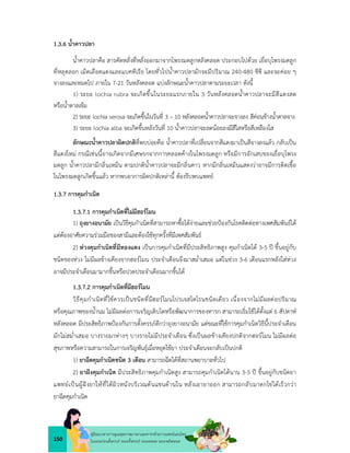 150
คูมือแนวทางการดูแลสุขภาพมารดาและทารกดวยการแพทยแผนไทย
ในระยะกอนตั้งครรภ ระยะตั้งครรภ ระยะคลอด ระยะหลังคลอด
1.3.6 น้ำคาวปลา
น้ำคาวปลาคือ สารคัดหลั่งที่หลั่งออกมาจากโพรงมดลูกหลังคลอด ประกอบไปดวย เยื่อบุโพรงมดลูก
ที่หลุดลอก เม็ดเลือดแดงและแบคทีเรีย โดยทั่วไปน้ำคาวปลามักจะมีปริมาณ 240-480 ชีซี และจะคอย ๆ
จางลงและหมดไป ภายใน 7-21 วันหลังคลอด แบงลักษณะน้ำคาวปลาตามระยะเวลา ดังนี้
1) ระยะ lochia rubra จะเกิดขึ้นในระยะแรกภายใน 3 วันหลังคลอดน้ำคาวปลาจะมีสีแดงสด
หรือน้ำตาลเขม
2) ระยะ lochia serosa จะเกิดขึ้นในวันที่ 3 – 10 หลังคลอดน้ำคาวปลาจะจางลง สีคอนขางน้ำตาลจาง
3) ระยะ lochia alba จะเกิดขึ้นหลังวันที่ 10 น้ำคาวปลาจะลดนอยลงมีสีใสหรือสีเหลืองใส
ลักษณะน้ำคาวปลาผิดปกติที่พบบอยคือ น้ำคาวปลาที่เปลี่ยนจากสีแดงมาเปนสีจางลงแลว กลับเปน
สีแดงใหม กรณีเชนนี้อาจเกิดจากมีเศษรกจากการคลอดคางในโพรงมดลูก หรือมีการอักเสบของเยื่อบุโพรง
มดลูก น้ำคาวปลามีกลิ่นเหม็น ตามปกติน้ำคาวปลาจะมีกลิ่นคาว หากมีกลิ่นเหม็นแสดงวาอาจมีการติดเชื้อ
ในโพรงมดลูกเกิดขึ้นแลว หากพบอาการผิดปกติเหลานี้ ตองรีบพบแพทย
1.3.7 การคุมกำเนิด
1.3.7.1 การคุมกำเนิดที่ไมมีฮอรโมน
1) ถุงยางอนามัย เปนวีธีคุมกำเนิดที่สามารถหาซื้อไดงายและชวยปองกันโรคติดตอทางเพศสัมพันธได
แตตองอาศัยความรวมมือของสามีและตองใชทุกครั้งที่มีเพศสัมพันธ
2) หวงคุมกำเนิดที่มีทองแดง เปนการคุมกำเนิดที่มีประสิทธิภาพสูง คุมกำเนิดได 3-5 ป ขึ้นอยูกับ
ชนิดของหวง ไมมีผลขางเคียงจากฮอรโมน ประจำเดือนจึงมาสม่ำเสมอ แตในชวง 3-6 เดือนแรกหลังใสหวง
อาจมีประจำเดือนมามากขึ้นหรือปวดประจำเดือนมากขึ้นได
1.3.7.2 การคุมกำเนิดที่มีฮอรโมน
วิธีคุมกำเนิดที่ใชควรเปนชนิดที่มีฮอรโมนโปรเจสโตโรนชนิดเดียว เนื่องจากไมมีผลตอปริมาณ
หรือคุณภาพของน้ำนม ไมมีผลตอการเจริญเติบโตหรือพัฒนาการของทารก สามารถเริ่มใชไดตั้งแต 6 สัปดาห
หลังคลอด มีประสิทธิภาพปองกันการตั้งครรภดีกวาถุงยางอนามัย แตขณะที่ใชการคุมกำเนิดวิธีนี้ประจำเดือน
มักไมสม่ำเสมอ บางรายมาหางๆ บางรายไมมีประจำเดือน ซึ่งเปนผลขางเคียงปกติจากฮอรโมน ไมมีผลตอ
สุขภาพหรือความสามารถในการเจริญพันธุเมื่อหยุดใชยา ประจำเดือนจะกลับเปนปกติ
1) ยาฉีดคุมกำเนิดชนิด 3 เดือน สามารถฉีดไดที่สถานพยาบาลทั่วไป
2) ยาฝงคุมกำเนิด มีประสิทธิภาพคุมกำเนิดสูง สามารถคุมกำเนิดไดนาน 3-5 ป ขึ้นอยูกับชนิดยา
แพทยเปนผูฝงยาใหที่ใตผิวหนังบริเวณตนแขนดานใน หลังเอายาออก สามารถกลับมาตกไขไดเร็วกวา
ยาฉีดคุมกำเนิด
 