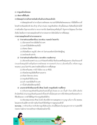 152
คูมือแนวทางการดูแลสุขภาพมารดาและทารกดวยการแพทยแผนไทย
ในระยะกอนตั้งครรภ ระยะตั้งครรภ ระยะคลอด ระยะหลังคลอด
2. การดูแลเด็กหลังคลอด
2.1 หัตถการที่ใชในเด็ก
การจัดสมดุลรางกายดวยศาสตรมณีเวชในเด็กแรกเกิดและเด็กเล็ก
การจัดสมดุลโครงสรางรางกายในทารกหลังคลอด สามารถทำไดทันทีหลังคลอดออกมา ซึ่งใชไดทั้งทารกที่
โครงสรางปกติและผิดปกติ เชน เทาปุก เทาแป เขาแอน กระดูกสันหลังคด กลามเนื้อออนแรง ขอติดเคลื่อนไหวไมได
ภาวะตัวเหลือง ปญหาระบบขับถาย ระบบการหายใจ อัณฑะไมลงถุงหรือมีถุงน้ำ ปญหาทารกไมดูดนม น้ำลายไหล
เปนตน โดยเริ่มจากการตรวจสมดุลโครงสรางรางกายของทารกวามีสวนใดในรางกายที่ไมสมดุล
การตรวจสมดุลโครงสรางรางกายของทารก
1) รางกายสวนบนหรือตาชั่งบน (รยางคบน รวมสะบัก ไหปลารา)
1.1) มือกระดกคว่ำหงายไดเต็มที่ 90 องศา
1.2) องศานิ้วมือยืดไดตรงทุกขอนิ้ว
1.3) ขอศอก ยืดตรง
1.4) ขอไหลผึ่งผาย หมุนได 3 ทิศ 4 ทา ในทานอนหรือทานั่งลำตัวพิงผูใหญ
1.5) สะบักสองขางเทากัน
2) รางกายสวนลางหรือตาชั่งลาง (รยางคลาง รวมเชิงกราน)
2.1) สังเกตอวัยวะเพศวาบวม เฉ เทากันสองขางหรือไม ซึ่งอวัยวะเพศทั้งหญิงและชาย เปนอวัยวะแรกที่
บงบอกถึงสมดุลไดงายที่สุดในทารกหลังคลอด หากองคชาติ (Penis) เอียงหรือเบี้ยว หรือความนูน
ของแคม (Labia) ไมเทากัน แสดงวาจะมีสวนอื่นในรางกายที่ไมสมดุล
2.2) สังเกตกนแหลม การนั่ง กนยอย บวม เฉ หรือไม
2.3) ขอสะโพกหมุนไดเต็มที่ในทานอนหงาย
2.4) ขอเขา ยืดขาตรง เขาตรง
2.5) หมุนขอเทาไดเปนวงกลม
2.6) เทา กระดกไดเต็มที่ 90 องศา
2.7) นิ้วเทาเหยียดไดตรงทุกขอนิ้ว
3) แกนกลางลำตัวหรือแกนตาชั่ง (ศีรษะ ใบหนา กระดูกสันหลัง รวมซี่โครง)
3.1) สังเกตกระดูกสันหลังในแตละตำแหนงตั้งแต สวนคอ อก เอว บั้นเตา กนกบ มีโคง เอียงไป
ดานใดหรือไม สวนกระดูกสันหลังและสะบักทั้งสองขางนั้นโดยเฉพาะทารกที่ผาตัดคลอดหรือคลอดลำบาก
ที่ตองดึงออกมา อาจทำใหมีปญหากับกระดูกสันหลังไดงาย
3.2) สังเกตสมมาตรของ ศีรษะ ใบหนา สังเกตไดจากความสมดุลของ ตา หู จมูก แกม คาง ลิ้น หลอดลม
โดยเฉพาะบริเวณใตคางหากมีการแข็งเกร็งจะทำใหเกิดปญหาการดูดนมของเด็กได
หมายเหตุ : การรักษาดวยการปรับจัดกระดูกที่เสียระเบียบ สวนนี้ใชเฉพาะในกลุมบุคลากรทางการแพทยที่มี
ประสบการณผานการอบรมทักษะการจัดมณีเวชแลวเทานั้น
 