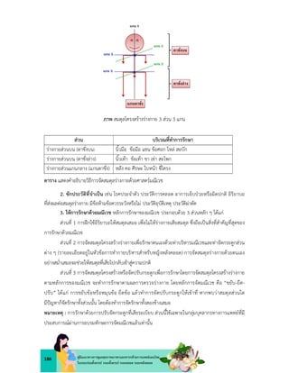 186 คูมือแนวทางการดูแลสุขภาพมารดาและทารกดวยการแพทยแผนไทย
ในระยะกอนตั้งครรภ ระยะตั้งครรภ ระยะคลอด ระยะหลังคลอด
ภาพ สมดุลโครงสรางรางกาย 3 สวน 3 แกน
สวน บริเวณที่ทำการรักษา
รางกายสวนบน (ตาชั่งบน) นิ้วมือ ขอมือ แขน ขอศอก ไหล สะบัก
รางกายสวนบน (ตาชั่งลาง) นิ้วเทา ขอเทา ขา เขา สะโพก
รางกายสวนแกนกลาง (แกนตาชั่ง) หลัง คอ ศีรษะ ใบหนา ซี่โครง
ตาราง แสดงคำอธิบายวิธีการจัดสมดุลรางกายดวยศาสตรมณีเวช
2. ซักประวัติที่จำเปน เชน โรคประจำตัว ประวัติการคลอด อาการเจ็บปวยหรือผิดปกติ อิริยาบถ
ที่สงผลตอสมดุลรางกาย มีขอหามขอควรระวังหรือไม ประวัติอุบัติเหตุ ประวัติผาตัด
3. ใหการรักษาดวยมณีเวช หลักการรักษาของมณีเวช ประกอบดวย 3 สวนหลัก ๆ ไดแก
สวนที่ 1 การฝกใชอิริยาบถใหสมดุลเสมอ เพื่อไมใหรางกายเสียสมดุล ซึ่งถือเปนสิ่งที่สำคัญที่สุดของ
การรักษาดวยมณีเวช
สวนที่ 2 การจัดสมดุลโครงสรางรางกายเพื่อรักษาตนเองดวยทาบริหารมณีเวชและทาจัดกระดูกสวน
ตาง ๆ (รายละเอียดอยูในหัวขอการทำกายบริหารสำหรับหญิงหลังคลอด) การจัดสมดุลรางกายดวยตนเอง
อยางสม่ำเสมอจะชวยใหสมดุลที่เสียไปกลับเขาสูความปกติ
สวนที่ 3 การจัดสมดุลโครงสรางหรือจัดปรับกระดูกเพื่อการรักษาโดยการจัดสมดุลโครงสรางรางกาย
ตามหลักการของมณีเวช จะทำการรักษาตามผลการตรวจรางกาย โดยหลักการจัดมณีเวช คือ “ขยับ-ยืด-
ปรับ” ไดแก การขยับขอหรือหมุนขอ ยืดขอ แลวทำการจัดปรับกระดูกใหเขาที่ หากพบวาสมดุลสวนใด
มีปญหาก็จัดรักษาทั้งสวนนั้น โดยตองทำการจัดรักษาทั้งสองขางเสมอ
หมายเหตุ : การรักษาดวยการปรับจัดกระดูกที่เสียระเบียบ สวนนี้ใชเฉพาะในกลุมบุคลากรทางการแพทยที่มี
ประสบการณผานการอบรมทักษะการจัดมณีเวชแลวเทานั้น
 