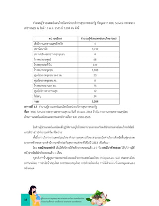 10
คูมือแนวทางการดูแลสุขภาพมารดาและทารกดวยการแพทยแผนไทย
ในระยะกอนตั้งครรภ ระยะตั้งครรภ ระยะคลอด ระยะหลังคลอด
จำนวนผูชวยแพทยแผนไทยในหนวยบริการสุขภาพของรัฐ ขอมูลจาก HDC Service กระทรวง
สาธารณสุข ณ วันที่ 16 เม.ย. 2563 มี 5,204 คน ดังนี้
หนวยบริการ จำนวนผูชวยแพทยแผนไทย (คน)
สำนักงานสาธารณสุขจังหวัด 4
สถานีอนามัย 3,732
สถานบริการสาธารณสุขชุมชน 4
โรงพยาบาลศูนย 68
โรงพยาบาลทั่วไป 139
โรงพยาบาลชุมชน 1,108
ศูนยสุขภาพชุมชน ของ รพ. 20
ศูนยสุขภาพชุมชน สธ. 8
โรงพยาบาล นอก สธ. 75
ศูนยบริการสาธารณสุข 12
ไมระบุ 34
รวม 5,204
ตารางที่ 1.5 จำนวนผูชวยแพทยแผนไทยในหนวยบริการสุขภาพของรัฐ
ที่มา : HDC Service กระทรวงสาธารณสุข ณ วันที่ 16 เม.ย. 2563 อางใน รายงานการสาธารณสุขไทย
ดานการแพทยแผนไทยและการแพทยทางเลือก พ.ศ. 2560-2563.
ในสวนผูชวยแพทยแผนไทยที่ปฏิบัติงานอยูในโรงพยาบาลเอกชนหรือคลินิกการแพทยแผนไทยยังไมมี
การสำรวจวามีจำนวนเทาใด ที่ใดบาง
ทั้งนี้ การบริการการแพทยแผนไทย ดานการผดุงครรภไทย สามารถเบิกคาบริการสำหรับฟนฟูสุขภาพ
มารดาหลังคลอด จากสำนักงานหลักประกันสุขภาพแหงชาติไดในป 2553 เปนตนมา
โดย กรณีคลอดปกติ เริ่มใหบริการไดหลังจากคลอดแลว 2-7 วัน กรณีผาตัดคลอด ใหบริการได
หลังจากวันที่ผาตัดคลอดแลว 1 เดือน
ชุดบริการฟนฟูสุขภาพมารดาหลังคลอดดวยการแพทยแผนไทย (Postpartum care) ประกอบดวย
การนวดไทย การอบไอน้ำสมุนไพร การประคบสมุนไพร การทับหมอเกลือ การใหคำแนะนำในการดูแลตนเอง
หลังคลอด
 