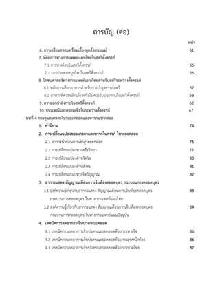 สารบัญ (ตอ)
หนา
6. การเตรียมความพรอมเลี้ยงลูกดวยนมแม 51
7. หัตถการทางการแพทยแผนไทยในสตรีตั้งครรภ
7.1 การนวดไทยในสตรีตั้งครรภ 55
7.2 การประคบสมุนไพรในสตรีตั้งครรภ 56
8. โภชนศาสตรทางการแพทยแผนไทยสำหรับสตรีระหวางตั้งครรภ
8.1 หลักการเลือกอาหารสำหรับการบำรุงครรภสตรี 57
8.2 อาหารที่ควรหลีกเลี่ยงหรือไมควรรับประทานในสตรีตั้งครรภ 58
9. การออกกำลังกายในสตรีตั้งครรภ 62
10. ประเพณีและความเชื่อในระหวางตั้งครรภ 67
บทที่ 4 การดูแลมารดาในระยะคลอดและทารกแรกคลอด
1. คำนิยาม 74
2. การเปลี่ยนแปลงของมารดาและทารกในครรภ ในระยะคลอด
2.1 อาการนำกอนการเขาสูระยะคลอด 75
2.1 การเปลี่ยนแปลงทางสรีรวิทยา 77
2.2 การเปลี่ยนแปลงดานจิตใจ 80
2.3 การเปลี่ยนแปลงดานสังคม 81
2.4 การเปลี่ยนแปลงทางจิตวิญญาณ 82
3. อาการแสดง สัญญาณเตือนการเจ็บทองคลอดบุตร กระบวนการคลอดบุตร
3.1 องคความรูเกี่ยวกับอาการแสดง สัญญาณเตือนการเจ็บทองคลอดบุตร 83
กระบวนการคลอดบุตร ในทางการแพทยแผนไทย
3.2 องคความรูเกี่ยวกับอาการแสดง สัญญาณเตือนการเจ็บทองคลอดบุตร 84
กระบวนการคลอดบุตร ในทางการแพทยแผนปจจุบัน
4. เทคนิคการลดอาการเจ็บปวดขณะคลอด
4.1 เทคนิคการลดอาการเจ็บปวดขณะรอคลอดดวยการหายใจ 86
4.2 เทคนิคการลดอาการเจ็บปวดขณะรอคลอดดวยการลูบหนาทอง 86
4.3 เทคนิคการลดอาการเจ็บปวดขณะรอคลอดดวยการนวดไทย 87
 