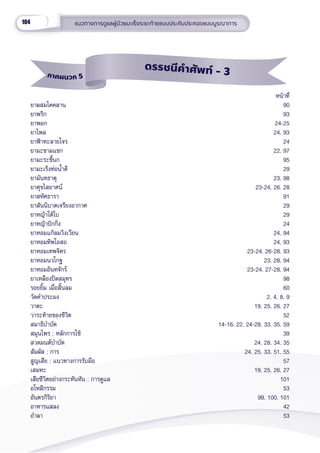 104 แนวทางการดููแลผู้้�ป่่วยมะเร็็งระยะท้้ายแบบประคัับประคองแบบบููรณาการ
ภาคผนวก 5
ดรรชนีีคำำำศััพท์์ - 3
ยาผสมโคคลาน
ยาพริิก
ยาพอก
ยาไพล
ยาฟ้้าทะลายโจร
ยามะขามแขก
ยามะระขี้้�นก
ยามะเร็็งท่่อน้ำำ��ดีี
ยามัันทธาตุุ
ยาศุุขไสยาศน์์
ยาสหััศธารา
ยาสัันนิิบาตเจรีียงอากาศ
ยาหญ้้าใต้้ใบ
ยาหญ้้าปัักกิ่่�ง
ยาหอมแก้้ลมวิิงเวีียน
ยาหอมทิิพโอสถ
ยาหอมเทพจิิตร
ยาหอมนวโกฐ
ยาหอมอิินทจัักร์์
ยาเหลืืองปิิดสมุุทร  
รอยยิ้้�ม เมื่่�อสิ้้�นลม
วััดคำำ�ประมง
วาตะ
วาระท้้ายของชีีวิิต
สมาธิิบำำ�บััด
สมุุนไพร ; หลัักการใช้้
สวดมนต์์บำำ�บััด
สััมผััส ; การ
สููญเสีีย ; แนวทางการรัับมืือ
เสมหะ
เสีียชีีวิิตอย่่างกระทัันหััน ; การดููแล
อโหสิิกรรม
อัันตรกิิริิยา
อาหารแสลง
อำำ�ลา
หน้้าที่่�
90
93
24-25
24, 93
24
22, 97
95
29
23, 98
23-24, 26, 28
91
29
29
24
24, 94
24, 93
23-24, 26-28, 93
23, 28, 94
23-24, 27-28, 94
98
60
2, 4, 8, 9
19, 25, 26, 27
52
14-16, 22, 24-28, 33, 35, 59
39
24, 28, 34, 35
24, 25, 33, 51, 55
57
19, 25, 26, 27
101
53
99, 100, 101
42
53
 