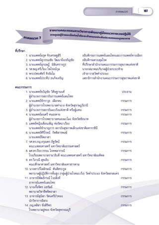107
ภาคผนวก
ภาคผนวก 7
รายนามคณะกรรมการวิิชาการพััฒนาคู่่่มืือแนวทางเวชปฏิิบััติิ
การดููแลผู้้้ป่่วยมะเร็็งท่่อน้ำำำดีีระยะท้้ายแบบประคัับประคองแบบบููรณาการ
ที่่�ปรึึกษา
ที่่�ปรึึกษา
1. นายแพทย์์มรุุต จิิรเศรษฐสิิริิ   อธิิบดีีกรมการแพทย์์แผนไทยและการแพทย์์ทางเลืือก
2. นายแพทย์์สุุวรรณชััย วััฒนายิ่่�งเจริิญชััย อธิิบดีีกรมควบคุุมโรค
3. นายแพทย์์อุุกฤษฎ์์  มิิลิินทรางกููร ที่่�ปรึึกษาสำำ�นัักงานคณะกรรมการสุุขภาพแห่่งชาติิ
4. รศ.พญ.ศรีีเวีียง ไพโรจน์์กุุล นายกสมาคมบริิบาลผู้้�ป่่วยระยะท้้าย
5. พระปพนพััชร์์ จิิรธััมโม           เจ้้าอาวาสวััดคำำ�ประมง
6. นายแพทย์์ประทีีป ธนกิิจเจริิญ เลขาธิิการสำำ�นัักงานคณะกรรมการสุุขภาพแห่่งชาติิ  
คณะกรรมการ
คณะกรรมการ
1. นายแพทย์์ขวััญชััย วิิศิิษฐานนท์์  ประธาน
           ผู้้�อำำ�นวยการสถาบัันการแพทย์์แผนไทย
2. นายแพทย์์จัักราวุุธ  เผืือกคง     กรรมการ
           ผู้้�อำำ�นวยการโรงพยาบาลท่่าฉาง จัังหวััดสุุราษฎร์์ธานีี
3. ผู้้�อำำ�นวยการสถาบัันมะเร็็งแห่่งชาติิ หรืือผู้้�แทน กรรมการ
4. นายแพทย์์มนตรีี หนองคาย กรรมการ
ผู้้�อำำ�นวยการโรงพยาบาลหนองมะโมง จัังหวััดชััยนาท
5. แพทย์์หญิิงเดืือนเพ็็ญ ห่่อรััตนาเรืือง    กรรมการ
           นายแพทย์์ชำำ�นาญการ สถาบัันสุุขภาพเด็็กแห่่งชาติิมหาราชิินีี
6. นายแพทย์์ศิิริิโรจน์์  กิิตติิสารพงษ์์ กรรมการ
           นายแพทย์์จิิตอาสา
7. รศ.ดร.ภญ.อรุุณพร อิิฐรััตน์์ กรรมการ
            คณะแพทยศาสตร์์ มหาวิิทยาลััยธรรมศาสตร์์
8. ผศ.ดร.ปิิยะวรรณ โภคพลากรณ์์          กรรมการ
โรงเรีียนพยาบาลรามาธิิบดีี คณะแพทยศาสตร์์ มหาวิิทยาลััยมหิิดล
9. ดร.วิิภาณีี สุุขเอิิบ    กรรมการ
            คณะศึึกษาศาสตร์์ มหาวิิทยาลััยมหาสารคาม
10. นางสาววิิไลลัักษณ์์  ตัันติิตระกููล   กรรมการ
           พยาบาลผู้้�ปฏิิบััติิการขั้้�นสููง (กลุ่่�มผู้้�ป่่วยโรคมะเร็็ง) วััดคำำ�ประมง จัังหวััดสกลนคร
11. อาจารย์์พััฒธิิกรณ์์ ไวยสิิงห์์ กรรมการ
           อาจารย์์แพทย์์แผนไทย
12. นางเกื้้�อจิิตร แขรััมย์์ . กรรมการ
           พยาบาลวิิชาชีีพจิิตอาสา
13. อาจารย์์สุุนิิสา รััตนศรีีบััวทอง   กรรมการ
 นัักวิิชาการอิิสระ
14. ภญ.ดลิิชา ชั่่�งสิิริิพร      กรรมการ
      โรงพยาบาลอู่่�ทอง จัังหวััดสุุพรรณบุุรีี
 