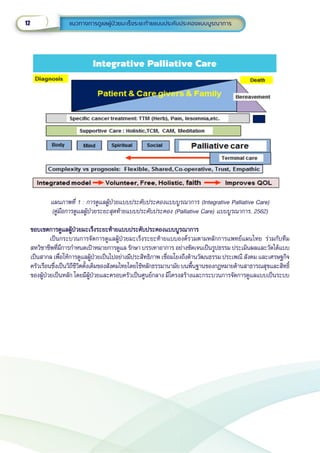 12 แนวทางการดููแลผู้้�ป่่วยมะเร็็งระยะท้้ายแบบประคัับประคองแบบบููรณาการ
แผนภาพที่่� 1 : การดููแลผู้้�ป่่วยแบบประคัับประคองแบบบููรณาการ (Integrative Palliative Care)
(คู่่�มืือการดููแลผู้้�ป่่วยระยะสุุดท้้ายแบบประคัับประคอง (Palliative Care) แบบบููรณาการ, 2562)
ขอบเขตการดููแลผู้้�ป่่วยมะเร็็งระยะท้้ายแบบประคัับประคองแบบบููรณาการ  
ขอบเขตการดููแลผู้้�ป่่วยมะเร็็งระยะท้้ายแบบประคัับประคองแบบบููรณาการ  
เป็็นกระบวนการจััดการดููแลผู้้�ป่่วยมะเร็็งระยะท้้ายแบบองค์์รวมตามหลัักการแพทย์์แผนไทย ร่่วมกัับทีีม
สหวิิชาชีีพที่่�มีีการกำำ�หนดเป้้าหมายการดููแล รัักษา บรรเทาอาการ อย่่างชััดเจนเป็็นรููปธรรม ประเมิินผลและวััดได้้แบบ
เป็็นสากล เพื่่�อให้้การดููแลผู้้�ป่่วยเป็็นไปอย่่างมีีประสิิทธิิภาพ เชื่่�อมโยงถึึงด้้านวััฒนธรรม ประเพณีี สัังคม และเศรษฐกิิจ
ครััวเรืือนซึ่่�งเป็็นวิิถีีชีีวิิตดั้้�งเดิิมของสัังคมไทยโดยใช้้หลัักธรรมานามััย บนพื้้�นฐานของกฎหมายด้้านสาธารณสุุขและสิิทธิ์์�
ของผู้้�ป่่วยเป็็นหลััก โดยมีีผู้้�ป่่วยและครอบครััวเป็็นศููนย์์กลาง มีีโครงสร้้างและกระบวนการจััดการดููแลแบบเป็็นระบบ
12 แนวทางการดููแลผู้้�ป่่วยมะเร็็งระยะท้้ายแบบประคัับประคองแบบบููรณาการ
Integrative Palliative Care
 