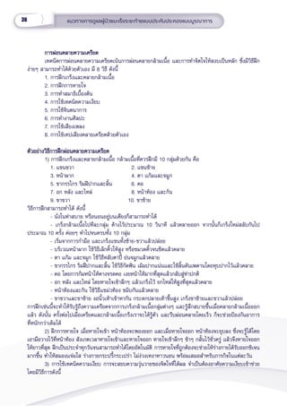 36 แนวทางการดููแลผู้้�ป่่วยมะเร็็งระยะท้้ายแบบประคัับประคองแบบบููรณาการ
     การผ่่อนคลายความเครีียด
     การผ่่อนคลายความเครีียด
เทคนิิคการผ่่อนคลายความเครีียดเน้้นการผ่่อนคลายกล้้ามเนื้้�อ และการทำำ�จิิตใจให้้สงบเป็็นหลััก ซึ่่�งมีีวิิธีีฝึึก
ง่่ายๆ สามารถทำำ�ได้้ด้้วยตััวเอง มีี 8 วิิธีี ดัังนี้้�
1. การฝึึกเกร็็งและคลายกล้้ามเนื้้�อ
2. การฝึึกการหายใจ
3. การทำำ�สมาธิิเบื้้�องต้้น
4. การใช้้เทคนิิคความเงีียบ
5. การใช้้จิินตนาการ
6. การทำำ�งานศิิลปะ
7. การใช้้เสีียงเพลง
8. การใช้้เทปเสีียงคลายเครีียดด้้วยตััวเอง
ตััวอย่่างวิิธีีการฝึึกผ่่อนคลายความเครีียด
ตััวอย่่างวิิธีีการฝึึกผ่่อนคลายความเครีียด
1) การฝึึกเกร็็งและคลายกล้้ามเนื้้�อ กล้้ามเนื้้�อที่่�ควรฝึึกมีี 10 กลุ่่�มด้้วยกััน คืือ
1. แขนขวา 2. แขนซ้้าย
3. หน้้าผาก 4. ตา แก้้มและจมููก
5. ขากรรไกร ริิมฝีีปากและลิ้้�น 6. คอ
7. อก หลััง และไหล่่ 8. หน้้าท้้อง และก้้น
9. ขาขวา        10. ขาซ้้าย
วิิธีีการฝึึกสามารถทำำ�ได้้ ดัังนี้้�
- นั่่�งในท่่าสบาย หรืือนอนอยู่่�บนเตีียงก็็สามารถทำำ�ได้้
- เกร็็งกล้้ามเนื้้�อไปทีีละกลุ่่�ม ค้้างไว้้ประมาณ 10 วิินาทีี แล้้วคลายออก จากนั้้�นก็็เกร็็งใหม่่สลัับกัันไป
ประมาณ 10 ครั้้�ง ค่่อยๆ ทำำ�ไปจนครบทั้้�ง 10 กลุ่่�ม
- เริ่่�มจากการกำำ�มืือ และเกร็็งแขนทั้้�งซ้้าย-ขวาแล้้วปล่่อย
- บริิเวณหน้้าผาก ใช้้วิิธีีเลิิกคิ้้�วให้้สููง หรืือขมวดคิ้้�วจนชิิดแล้้วคลาย
- ตา แก้้ม และจมููก ใช้้วิิธีีหลัับตาปี๋๋� ย่่นจมููกแล้้วคลาย
- ขากรรไกร ริิมฝีีปากและลิ้้�น ใช้้วิิธีีกััดฟััน เม้้มปากแน่่นและใช้้ลิ้้�นดัันเพดานโดยหุุบปากไว้้แล้้วคลาย
- คอ โดยการก้้มหน้้าให้้คางจรดคอ เงยหน้้าให้้มากที่่�สุุดแล้้วกลัับสู่่�ท่่าปกติิ
- อก หลััง และไหล่่ โดยหายใจเข้้าลึึกๆ แล้้วเกร็็งไว้้ ยกไหล่่ให้้สููงที่่�สุุดแล้้วคลาย
- หน้้าท้้องและก้้น ใช้้วิิธีีแขม่่วท้้อง ขมิิบกัันแล้้วคลาย
- ขาขวาและขาซ้้าย งอนิ้้�วเท้้าเข้้าหากััน กระดกปลายเท้้าขึ้้�นสููง เกร็็งขาซ้้ายและขวาแล้้วปล่่อย
การฝึึกเช่่นนี้้�จะทำำ�ให้้รัับรู้้�ถึึงความเครีียดจากการเกร็็งกล้้ามเนื้้�อกลุ่่�มต่่างๆ และรู้้�สึึกสบายขึ้้�นเมื่่�อคลายกล้้ามเนื้้�อออก
แล้้ว ดัังนั้้�น ครั้้�งต่่อไปเมื่่�อเครีียดและกล้้ามเนื้้�อเกร็็งเราจะได้้รู้้�ตััว และรีีบผ่่อนคลายโดยเร็็ว ก็็จะช่่วยป้้องกัันอาการ
ที่่�หนัักกว่่าเดิิมได้้
2) ฝึึกการหายใจ เมื่่�อหายใจเข้้า หน้้าท้้องจะพองออก และเมื่่�อหายใจออก หน้้าท้้องจะยุุบลง ซึ่่�งจะรู้้�ได้้โดย
เอามืือวางไว้้ที่่�หน้้าท้้อง สัังเกตเวลาหายใจเข้้าและหายใจออก หายใจเข้้าลึึกๆ ช้้าๆ กลั้้�นไว้้ชั่่�วครู่่� แล้้วจึึงหายใจออก
ให้้ยาวที่่�สุุด ฝึึกเป็็นประจำำ�ทุุกวัันจนสามารถทำำ�ได้้โดยอััตโนมััติิ การหายใจที่่�ถููกต้้องจะช่่วยให้้ร่่างกายได้้รัับออกซิิเจน
มากขึ้้�น ทำำ�ให้้สมองแจ่่มใส ร่่างกายกระปรี้้�กระเปร่่า ไม่่ง่่วงเหงาหาวนอน พร้้อมเสมอสำำ�หรัับภารกิิจในแต่่ละวััน
3) การใช้้เทคนิิคความเงีียบ การจะสยบความวุ่่�นวายของจิิตใจที่่�ได้้ผล จำำ�เป็็นต้้องอาศััยความเงีียบเข้้าช่่วย
โดยมีีวิิธีีการดัังนี้้�
 
