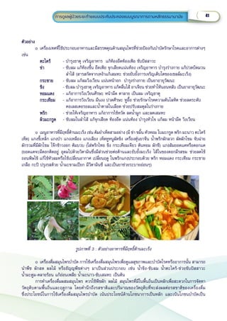 41
การดููแลผู้้�ป่่วยระยะท้้ายแบบประคัับประคองแบบบููรณาการตามหลัักธรรมานามััย 41
การดููแลผู้้�ป่่วยระยะท้้ายแบบประคัับประคองแบบบููรณาการตามหลัักธรรมานามััย
ตััวอย่่าง
ตััวอย่่าง
o เครื่่�องเทศที่่�ใช้้ประกอบอาหารและมีีสรรพคุุณด้้านสมุุนไพรที่่�ช่่วยป้้องกัันบำำ�บััดรัักษาโรคและอาการต่่างๆ
เช่่น      
		
ตะไคร้้
ตะไคร้้ - บำำ�รุุงธาตุุ เจริิญอาหาร  แก้้ท้้องอืืดท้้องเฟ้้อ ขัับปััสสาวะ
		
ข่่า
ข่่า - ขัับลม แก้้ท้้องขึ้้�น อืืดเฟ้้อ จุุกเสีียดแน่่นท้้อง เจริิญอาหาร บำำ�รุุงร่่างกาย แก้้ปวดบิิดมวน
                 ลำำ�ไส้้ (สารสกััดจากเหง้้าแก้้เสมหะ ช่่วยยัับยั้้�งการเจริิญเติิบโตของเซลล์์มะเร็็ง)
		
กระชาย
กระชาย    - ขัับลม แก้้ลมวิิงเวีียน แน่่นหน้้าอก  บำำ�รุุงร่่างกาย เป็็นยาอายุุวััฒนะ
		
		
ขิิง
ขิิง      - ขัับลม บำำ�รุุงธาตุุ เจริิญอาหาร แก้้คลื่่�นไส้้ อาเจีียน ช่่วยทำำ�ให้้นอนหลัับ เป็็นยาอายุุวััฒนะ
		
หอมแดง
หอมแดง   - แก้้อาการวิิงเวีียนศีีรษะ หน้้ามืืด ตาลาย เป็็นลม เจริิญธาตุุ
		
กระเทีียม
กระเทีียม - แก้้อาการวิิงเวีียน มึึนงง ปวดศีีรษะ หููอื้้�อ ช่่วยรัักษาโรคความดัันโลหิิต ช่่วยลดระดัับ
       คอเลสเตอรอลและน้ำำ��ตาลในเลืือด ช่่วยปรัับสมดุุลในร่่างกาย
		
พริิก
พริิก   - ช่่วยให้้เจริิญอาหาร แก้้อาการไข้้หวััด ลดน้ำำ��มููก และลดเสมหะ
		
ผิิวมะกรููด
ผิิวมะกรููด - ขัับลมในลำำ�ไส้้ แก้้จุุกเสีียด ท้้องอืืด แน่่นท้้อง บำำ�รุุงหััวใจ แก้้ลม หน้้ามืืด วิิงเวีียน
o เมนููอาหารที่่�มีีฤทธิ์์�ต้้านมะเร็็ง เช่่น ต้้มยำำ�เห็็ดสามอย่่าง (มีี ข่่า ขมิ้้�น หััวหอม ใบมะกรููด พริิก มะนาว ตะไคร้้
เห็็ด) แกงขี้้�เหล็็ก แกงป่่า แกงเหลืือง แกงเลีียง เห็็ดหููหนููผััดขิิง เครื่่�องตุ๋๋�นยาจีีน น้ำำ��พริิกผัักลวก ผััดผัักโขม จัับฉ่่าย
ผัักรวมที่่�มีีผัักโขม โจ๊๊กข้้าวงอก ต้้มบวบ (ใส่่พริิกไทย ขิิง กระเทีียมเจีียว ต้้นหอม ผัักชีี) แกงส้้มยอดแคหรืือดอกแค
(ยอดแคจะมีีดอกติิดอยู่่� อุุดมไปด้้วยวิิตามิินซึ่่�งมีีส่่วนช่่วยต่่อต้้านและยัับยั้้�งมะเร็็ง ไส้้ในของดอกมีีรสขม ช่่วยลดไข้้ 
ถอนพิิษไข้้ แก้้ไข้้หััวลมหรืือไข้้เปลี่่�ยนอากาศ เปลี่่�ยนฤดูู ในพริิกแกงประกอบด้้วย พริิก หอมแดง กระเทีียม กระชาย
เกลืือ กะปิิ ปรุุงรสด้้วย น้ำำ��มะขามเปีียก มีีวิิตามิินซีี และเป็็นยาช่่วยระบายอ่่อนๆ)
รููปภาพที่่� 3 : ตััวอย่่างอาหารที่่�มีีฤทธิ์์�ต้้านมะเร็็ง
o เครื่่�องดื่่�มสมุุนไพรบำำ�บััด การใช้้เครื่่�องดื่่�มสมุุนไพรเพื่่�อดููแลสุุขภาพและบำำ�บััดโรคหรืืออาการนั้้�น สามารถ
นำำ�พืืช ผัักสด ผลไม้้ หรืือธััญญพืืชต่่างๆ มาเป็็นส่่วนประกอบ เช่่น น้ำำ��ขิิง-ขัับลม น้ำำ��ตะไคร้้-ช่่วยขัับปััสสาวะ
น้ำำ��มะตููม-คลายร้้อน แก้้อ่่อนเพลีีย น้ำำ��มะนาว-ขัับเสมหะ เป็็นต้้น
การทำำ�เครื่่�องดื่่�มผสมสมุุนไพร ควรใช้้พืืชผััก ผลไม้้ สมุุนไพรที่่�มีีในพื้้�นถิ่่�นเป็็นหลัักเพื่่�อสะดวกในการจััดหา
วััตถุุดิิบตามพื้้�นถิ่่�นและฤดููกาล โดยคำำ�นึึกถึึงรสชาติิและปริิมาณของวััตถุุดิิบที่่�จะส่่งผลต่่อรสชาติิของเครื่่�องดื่่�ม
ซึ่่�งประโยชน์์ในการใช้้เครื่่�องดื่่�มสมุุนไพรบำำ�บััด เน้้นประโยชน์์ด้้านโภชนาการเป็็นหลััก และเน้้นโภชนบำำ�บััดเป็็น
 