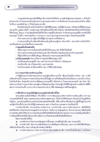 44 แนวทางการดููแลผู้้�ป่่วยมะเร็็งระยะท้้ายแบบประคัับประคองแบบบููรณาการ
- การดููแลป้้องกัันแผลกดทัับที่่�ดีีที่่�สุุด คืือการป้้องกัันไม่่ให้้เกิิด ควรพลิิกตััวผู้้�ป่่วยอย่่างน้้อยทุุก 2 ชั่่�วโมงใน
ตอนกลางวััน จากนอนตะแคงซ้้ายเป็็นนอนราบและนอนตะแคงขวา จากนั้้�นเป็็นนอนราบและนอนตะแคงซ้้าย เปลี่่�ยน
ไปเรื่่�อยๆ และพลิิกตััวทุุก 4 ชั่่�วโมงในตอนกลางคืืน
- ป้้องกัันผิิวหนัังบริิเวณรัับน้ำำ��หนัักด้้วยการจััดให้้มีีที่่�นอนลม/เจลให้้ผู้้�ป่่วยหมอน/หรืืออุุปกรณ์์ที่่�มีีลัักษณะนุ่่�ม
เช่่น ลููกโป่่ง ถุุงมืือยางใส่่น้ำำ�� รองปุ่่�มกระดููก จััดผ้้าปููที่่�นอนให้้เรีียบตึึง ไม่่ยัับย่่น หลัังเช็็ดตััวต้้องซัับผิิวหนัังให้้แห้้งโดย
ใช้้ผ้้าขนหนูู ไม่่ถููแรง ทาแป้้งฝุ่่�นหรืือครีีมเพื่่�อให้้เกิิดความชุ่่�มชื้้�นแก่่ผิิวหนััง ถ้้าเกิิดรอยแดงบนจุุดที่่�มีีการกดทัับให้้ใช้้
หมอนนุ่่�มๆ ใบเล็็กๆ รองตามจุุดนั้้�นๆ การนวดเบาๆ รอบๆ ปุ่่�มกระดููกจะช่่วยกระตุ้้�นการไหลเวีียนของโลหิิต
- ทำำ�ความสะอาดร่่างกายผู้้�ป่่วยทัันทีีที่่�ผู้้�ป่่วยถ่่ายอุุจจาระหรืือปััสสาวะ
- หากพบรอยเปื้้�อนน้ำำ��เหลืืองหรืือเลืือดบนผ้้าปููเตีียงของผู้้�ป่่วย ต้้องหาที่่�มา เพราะมีีความเป็็นไปได้้ว่่า
รอยเปื้้�อนดัังกล่่าวน่่าจะซึึมเปื้้�อนจากแผลกดทัับ
การดููแลเมื่่�อเกิิดแผลกดทัับ
การดููแลเมื่่�อเกิิดแผลกดทัับ
- ขจััดสาเหตุุการระคายเคืืองของผิิวหนัังที่่�ทำำ�ให้้เกิิดแผล เช่่น สิ่่�งที่่�ทำำ�ให้้เสีียดสีี
- ทำำ�ความสะอาดแผลและผิิวหนัังขอบแผล ใช้้ยาครีีมหรืือยาสมุุนไพรแผ่่นแปะรัักษาแผลกดทัับ
- ให้้ผู้้�ป่่วยได้้รัับอาหารที่่�มีีโปรตีีนสููง เพื่่�อช่่วยในการสมานแผลกดทัับได้้เร็็วขึ้้�น
การรัักษาแผลกดทัับ
การรัักษาแผลกดทัับ โดยการใช้้ยาจากสมุุนไพรที่่�มีีสรรพคุุณ ดัังนี้้�
-  ช่่วยให้้แผลแห้้งและชุ่่�มชื้้�น เช่่น เจลว่่านหางจระเข้้ ครีีมบััวบก ครีีมพญายอ
-  ช่่วยเรีียกเนื้้�อ เช่่น น้ำำ��มัันมหาจัักร เจลว่่านพระฉิิม
-  ช่่วยรัักษาแผลสด ฆ่่าเชื้้�อแบคทีีเรีีย เช่่น การ์์ซิิดีีนเปลืือกมัังคุุด
2.3 การออกกำำ�ลัังกายบริิหารแบบไทย
2.3 การออกกำำ�ลัังกายบริิหารแบบไทย
การให้้ผู้้�ป่่วยออกกำำ�ลัังตามสภาพร่่างกายของผู้้�ป่่วยที่่�จะกระทำำ�ได้้ เพื่่�อประโยชน์์ในการรัักษา เช่่น การยืืด
เหยีียดกล้้ามเนื้้�อ ช่่วยลดอาการหดแกร็็งของกล้้ามเนื้้�อในผู้้�ป่่วย ช่่วยให้้เลืือดลมไหลเวีียนได้้สะดวก และเป็็นการรัักษา
โรคไปในตััวด้้วย ปััจจุุบัันมีีการนำำ�ท่่าฤาษีีดััดตนมาประยุุกต์์ใช้้ หรืือท่่าต่่างๆ ในหลากหลายศาสตร์์ เช่่น โยคะ ชี่่�กง
มณีีเวช มาเป็็นท่่าการออกกำำ�ลัังกายของผู้้�ป่่วย ซึ่่�งมีีผลช่่วยเสริิมการรัักษาผู้้�ป่่วยให้้ดีีขึ้้�น ผู้้�ป่่วยมีีการเคลื่่�อนไหวที่่�ดีีขึ้้�น
ลดอาการปวดกล้้ามเนื้้�อ ระบบการทำำ�งานของอวััยวะต่่างๆ ดีีขึ้้�น มีีผลต่่อคุุณภาพชีีวิิตของผู้้�ป่่วย
การฝึึกบริิหารกายและจิิตในผู้้�ป่่วยระยะสุุดท้้ายด้้วยชี่่�กงวิิถีีไทย
การฝึึกบริิหารกายและจิิตในผู้้�ป่่วยระยะสุุดท้้ายด้้วยชี่่�กงวิิถีีไทย
รศ.ดร.สุุรีีพร ธนศิิลป์์ ได้้พััฒนา “ชี่่�กงวิิถีีไทย” จากการดััดแปลงแนวคิิดการบริิหารกายจิิตแบบชี่่�กง 4 ท่่า ของ
นายแพทย์์เทิิดศัักดิ์์� เดชคง ผสมผสานกัับแนวคิิดทางพุุทธศาสนา ให้้เข้้ากัับวิิถีีชีีวิิตของชาวไทยแล้้วนำำ�ไปปฏิิบััติิจริิง
กัับผู้้�ป่่วย และปรัับปรุุงให้้เหมาะสมกัับบริิบทของสัังคมไทยยิ่่�งขึ้้�น ได้้มีีการศึึกษาวิิจััยเมื่่�อนำำ�มาปฏิิบััติิในผู้้�ป่่วยมะเร็็ง
และผู้้�ป่่วยโรคเรื้้�อรััง พบว่่าช่่วยให้้ผู้้�ป่่วยผ่่อนคลาย ลดภาวะวิิตกกัังวล และลดอาการเหนื่่�อยล้้าได้้ 
การบริิหารชี่่�กงนั้้�น ประกอบด้้วยการบริิหารกาย การบริิหารจิิต และการบริิหารลมปราณ เพื่่�อให้้ชี่่�หรืือ
พลัังชีีวิิตเกิิดการไหลเวีียนอย่่างสมดุุลทั่่�วร่่างกายนั่่�นเอง ดัังนั้้�นการกระตุ้้�นจุุดต่่างๆ ทั่่�วร่่างกายก่่อนการฝึึกชี่่�กงจึึงมีี
ความสำำ�คััญ เพื่่�อทำำ�ให้้ช่่องทางการไหลเวีียนของชี่่�หรืือพลัังชีีวิิตเป็็นไปด้้วยความสะดวก ทางการแพทย์์แผนจีีนเชื่่�อว่่า
การที่่�มนุุษย์์มีีโรคภััยไข้้เจ็็บเนื่่�องจากมีีการขััดขวางการไหลเวีียนของชี่่�หรืือพลัังชีีวิิตนั่่�นเอง
หลัักการของชี่่�กงวิิถีีไทย
การบริิหารกาย โดยการกระตุ้้�นจุุดทวารทั้้�งหกจุุด การเคลื่่�อนไหวมืือ แขน ขาและลำำ�ตััว
การบริิหารจิิต โดยการกระตุ้้�นจิิตโดยการวางจิิตที่่�จุุดทวารทั้้�งหกจุุด และการวางจิิตไว้้ที่่�ฝ่่ามืือขณะ
เคลื่่�อนไหวด้้วยท่่าชี่่�กง และการทำำ�สมาธิิภายหลัังการฝึึกชี่่�กง
การบริิหารลมปราณ โดยการหายใจอย่่างมีีประสิิทธิิภาพ คืือ การหายใจเข้้าท้้องพอง หายใจออก
 