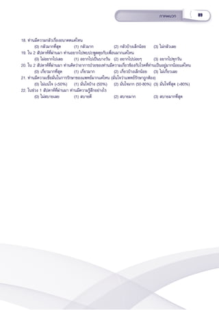 89
ภาคผนวก
18. ท่่านมีีความกลััวเรื่่�องอนาคตแค่่ไหน
(0) กลััวมากที่่�สุุด  (1) กลััวมาก (2) กลััวบ้้างเล็็กน้้อย (3) ไม่่กลััวเลย
19. ใน 2 สััปดาห์์ที่่�ผ่่านมา ท่่านอยากไปพบปะพููดคุุยกัับเพื่่�อนมากแค่่ไหน
(0) ไม่่อยากไปเลย (1) อยากไปเป็็นบางวััน (2) อยากไปบ่่อยๆ (3) อยากไปทุุกวััน
20. ใน 2 สััปดาห์์ที่่�ผ่่านมา ท่่านคิิดว่่าอาการป่่วยของท่่านมีีความเกี่่�ยวข้้องกัับโรคที่่�ท่่านเป็็นอยู่่�มากน้้อยแค่่ไหน
(0) เกี่่�ยวมากที่่�สุุด  (1) เกี่่�ยวมาก (2) เกี่่�ยวบ้้างเล็็กน้้อย (3) ไม่่เกี่่�ยวเลย
21. ท่่านมีีความเชื่่�อมั่่�นในการรัักษาของแพทย์์มากแค่่ไหน (มั่่�นใจว่่าแพทย์์รัักษาถููกต้้อง)
(0) ไม่่แน่่ใจ (<50%) (1) มั่่�นใจบ้้าง (50%) (2) มั่่�นใจมาก (50-80%) (3) มั่่�นใจที่่�สุุด (>80%)
22. ในช่่วง 1 สััปดาห์์ที่่�ผ่่านมา ท่่านมีีความรู้้�สึึกอย่่างไร
(0) ไม่่สบายเลย (1) สบายดีี (2) สบายมาก (3) สบายมากที่่�สุุด
 