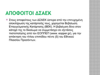 ΑΠΟΦΟΙΤΟΙ ΔΣΑΕΚ
 Στους αποφοίτους των ΔΣΑΕΚ ύστερα από την επιτυχημένη
ολοκλήρωση της κατάρτισής τους, χορηγείται Βεβαίωση
Επαγγελματικής Κατάρτισης (ΒΕΚ). Η βεβαίωση δίνει στον
κάτοχό της το δικαίωμα να συμμετάσχει σε εξετάσεις
πιστοποίησης από τον ΕΟΠΠΕΠ (www. eopper.gr), για την
απόκτηση του τίτλου επιπέδου πέντε (5) του Εθνικού
Πλαισίου Προσόντων.
 