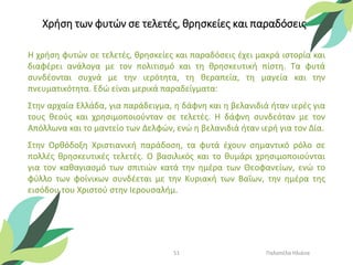 Χρήση των φυτών σε τελετές, θρησκείες και παραδόσεις
Η χρήση φυτών σε τελετές, θρησκείες και παραδόσεις έχει μακρά ιστορία και
διαφέρει ανάλογα με τον πολιτισμό και τη θρησκευτική πίστη. Τα φυτά
συνδέονται συχνά με την ιερότητα, τη θεραπεία, τη μαγεία και την
πνευματικότητα. Εδώ είναι μερικά παραδείγματα:
Στην αρχαία Ελλάδα, για παράδειγμα, η δάφνη και η βελανιδιά ήταν ιερές για
τους θεούς και χρησιμοποιούνταν σε τελετές. Η δάφνη συνδεόταν με τον
Απόλλωνα και το μαντείο των Δελφών, ενώ η βελανιδιά ήταν ιερή για τον Δία.
Στην Ορθόδοξη Χριστιανική παράδοση, τα φυτά έχουν σημαντικό ρόλο σε
πολλές θρησκευτικές τελετές. Ο βασιλικός και το θυμάρι χρησιμοποιούνται
για τον καθαγιασμό των σπιτιών κατά την ημέρα των Θεοφανείων, ενώ το
φύλλο των φοίνικων συνδέεται με την Κυριακή των Βαΐων, την ημέρα της
εισόδου του Χριστού στην Ιερουσαλήμ.
Παλαπέλα Ηλιάνα
51
 