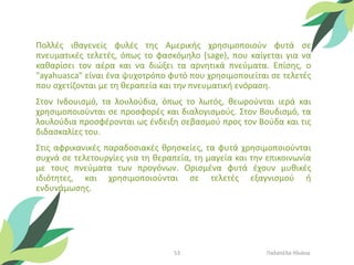 Πολλές ιθαγενείς φυλές της Αμερικής χρησιμοποιούν φυτά σε
πνευματικές τελετές, όπως το φασκόμηλο (sage), που καίγεται για να
καθαρίσει τον αέρα και να διώξει τα αρνητικά πνεύματα. Επίσης, ο
"ayahuasca" είναι ένα ψυχοτρόπο φυτό που χρησιμοποιείται σε τελετές
που σχετίζονται με τη θεραπεία και την πνευματική ενόραση.
Στον Ινδουισμό, τα λουλούδια, όπως το λωτός, θεωρούνται ιερά και
χρησιμοποιούνται σε προσφορές και διαλογισμούς. Στον Βουδισμό, τα
λουλούδια προσφέρονται ως ένδειξη σεβασμού προς τον Βούδα και τις
διδασκαλίες του.
Στις αφρικανικές παραδοσιακές θρησκείες, τα φυτά χρησιμοποιούνται
συχνά σε τελετουργίες για τη θεραπεία, τη μαγεία και την επικοινωνία
με τους πνεύματα των προγόνων. Ορισμένα φυτά έχουν μυθικές
ιδιότητες, και χρησιμοποιούνται σε τελετές εξαγνισμού ή
ενδυνάμωσης.
Παλαπέλα Ηλιάνα
53
 