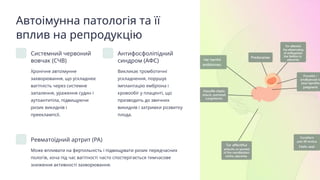 Автоімунна патологія та її
вплив на репродукцію
Системний червоний
вовчак (СЧВ)
Хронічне автоімунне
захворювання, що ускладнює
вагітність через системне
запалення, ураження судин і
аутоантитіла, підвищуючи
ризик викиднів і
прееклампсії.
Антифосфоліпідний
синдром (АФС)
Викликає тромботичні
ускладнення, порушує
імплантацію ембріона і
кровообіг у плаценті, що
призводить до звичних
викиднів і затримки розвитку
плода.
Ревматоїдний артрит (РА)
Може впливати на фертильність і підвищувати ризик передчасних
пологів, хоча під час вагітності часто спостерігається тимчасове
зниження активності захворювання.
 