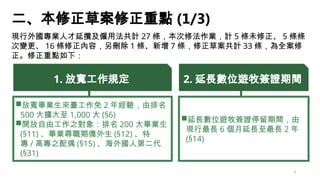 3
1. 放寬工作規定
放寬畢業生來臺工作免 2 年經驗，由排名
500 大擴大至 1,000 大 (§6)
開放自由工作之對象：排名 200 大畢業生
(§11) 、畢業尋職期僑外生 (§12) 、特
專 / 高專之配偶 (§15) 、海...