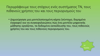 Περιγράφουμε τους στόχους ενός συστήματος ΤΝ, τους
πιθανούς χρήστες του και τους περιορισμούς του
• Δημιούργησε μια μοντελοποιημένη κάρτα (σύντομο, δομημένο
έγγραφο) για να συγκεφαλαιώσεις πώς ένα μοντέλο μηχανικής
μάθησης εργάζεται, τα δεδομένα εκπαίδευσής του, τους πιθανούς
χρήστες του και τους πιθανούς περιορισμούς του.
4ος
τομέας
 