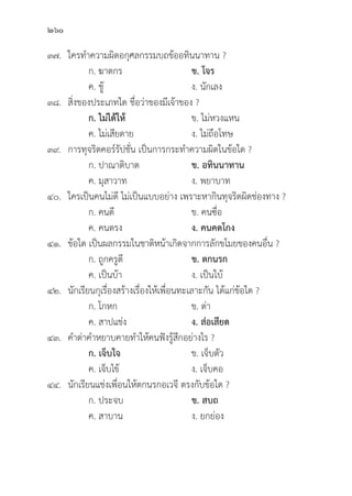 260
๓๗. ใครทำความผิิดอกุุศลกรรมบถข้้ออทิินนาทาน ?
		 ก. ฆาตกร ข. โจร  
		 ค. ชู้้� ง. นัักเลง
๓๘.	สิ่่�งของประเภทใด ชื่่�อว่่าของมีีเจ้้าของ ?
		ก. ไม่่ได้้ให้้ ข. ไม่่หวงแหน
		 ค. ไม่่เสีียดาย ง. ไม่่ถืือโทษ
๓๙. การทุุจริิตคอร์์รััปชั่่�น เป็็นการกระทำความผิิดในข้้อใด ?
		 ก. ปาณาติิบาต ข. อทิินนาทาน  
		 ค. มุุสาวาท ง. พยาบาท
๔๐. ใครเป็็นคนไม่่ดีี ไม่่เป็็นแบบอย่่าง เพราะหากิินทุุจริิตผิิดช่่องทาง ?
		 ก. คนดีี ข. คนซื่่�อ
		 ค. คนตรง ง. คนคดโกง
๔๑.	ข้้อใด เป็็นผลกรรมในชาติิหน้้าเกิิดจากการลัักขโมยของคนอื่่�น ?
		 ก. ถููกครููตีี ข. ตกนรก
		 ค. เป็็นบ้้า ง. เป็็นใบ้้
๔๒.	นัักเรีียนกุุเรื่่�องสร้้างเรื่่�องให้้เพื่่�อนทะเลาะกััน ได้้แก่่ข้้อใด ?
		 ก. โกหก ข. ด่่า
		 ค. สาปแช่่ง ง. ส่่อเสีียด
๔๓. คำด่่าคำหยาบคายทำให้้คนฟัังรู้้�สึึกอย่่างไร ?
		ก. เจ็็บใจ ข. เจ็็บตััว
		 ค. เจ็็บไข้้ ง. เจ็็บคอ
๔๔.	นัักเรีียนแช่่งเพื่่�อนให้้ตกนรกอเวจีี ตรงกัับข้้อใด ?
		 ก. ประจบ ข. สบถ
		 ค. สาบาน ง. ยกย่่อง
 