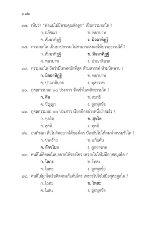 312
๓๗. เห็็นว่่า “พ่่อแม่่ไม่่มีีพระคุุณต่่อลููก” เป็็นกรรมบถใด ?
		 ก. อภิิชฌา ข. พยาบาท
		 ค. สััมมาทิิฏฐิิ ง. มิิจฉาทิิฏฐิิ
๓๘. กรรมบถใด เป็็นบาปกรรม ไม่่สามารถส่่งผลให้้บรรลุุธรรมได้้ ?
		 ก. สััมมาทิิฏฐิิ ข. มิิจฉาทิิฏฐิิ
		 ค. พยาบาท ง. ปาณาติิบาต
๓๙. กรรมบถใด ถืือว่่ามีีโทษหนัักที่่�สุุด ห้้ามสวรรค์์ ห้้ามนิิพพาน ?
		ก. มิิจฉาทิิฏฐิิ    ข. พยาบาท
		 ค. ปาณาติิบาต ง. มุุสาวาท
๔๐.	กุุศลกรรมบถ ๑๐ ประการ จััดเข้้าในหลัักธรรมใด ?
		ก. ศีีล ข. สมาธิิ
		 ค. ปััญญา ง. ถููกทุุกข้้อ
๔๑.	กุุศลกรรมบถ ๑๐ ประการ เรีียกอีีกอย่่างหนึ่่�งว่่าอะไร ?
		 ก. ทุุจริิต ข. สุุจริิต
		 ค. สุุคติิ ง. ทุุคติิ
๔๒. อนภิิชฌา คืือไม่่คิิดอยากได้้ของใคร ป้้องกัันไม่่ให้้คนทำกรรมชั่่�วใด ?
		 ก. ปองร้้าย ข. แก้้แค้้น
ค. ลัักขโมย   ง. ผููกอาฆาต
๔๓. คนดีีไม่่คิิดละโมบอยากได้้ของใคร เพราะในใจไม่่มีีอกุุศลมููลใด ?
		ก. โลภะ ข. โทสะ
		 ค. โมหะ ง. ถููกทุุกข้้อ
๔๔. คนดีีไม่่ผููกใจเจ็็บคิิดจะแก้้แค้้นใคร เพราะในใจไม่่มีีอกุุศลมููลใด ?
		 ก. โลภะ ข. โทสะ
		 ค. โมหะ ง. ถููกทุุกข้้อ
 