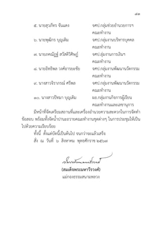 43
๕. นายสุุวภััทร จัันแดง จศป.กลุุ่�มช่่วยอำนวยการฯ
		 คณะทำงาน
๖. นายพุุฒิิกร บุุญเติิม จศป.กลุุ่�มงานบริิหารบุุคคล
		 คณะทำงาน
๗. นายภคณััฏฐ์์ สวััสดิิวิิศิิษฏ์์ จศป.ลุุ่�มงานการเงิินฯ
		 คณะทำงาน
๘. นายอิิทธิิพล วงศ์์อารยะชััย จศป.กลุุ่�มงานพััฒนานวััตกรรม
		 คณะทำงาน
๙. นางสาวจิิราภรณ์์ ศรีีพล จศป.กลุุ่�มงานพััฒนานวััตกรรม
		 คณะทำงาน
๑๐. นางสาวปััทมา บุุญเติิม	ผอ.กลุุ่�มงานกิิจการผูู้�เรีียน
		 คณะทำงานและเลขานุุการ
	มีีหน้้าที่่�จััดเตรีียมสถานที่่�และเครื่่�องอำนวยความสะดวกในการจััดทำ
ข้้อสอบ พร้้อมทั้้�งจััดน้้ำปานะถวายคณะทำงานชุุดต่่างๆ ในการประชุุมให้้เป็็น
ไปด้้วยความเรีียบร้้อย
	ทั้้�งนี้้� ตั้้�งแต่่บััดนี้้�เป็็นต้้นไป จนกว่่าจะแล้้วเสร็็จ
	สั่่�ง ณ วัันที่่� ๖ สิิงหาคม พุุทธศัักราช ๒๕๖๗
(สมเด็็จพระมหาวีีรวงศ์์)
แม่่กองธรรมสนามหลวง
 