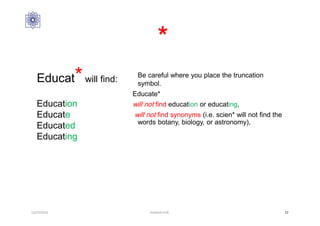 *
12/27/2016 Hashemi S.M. 22
Educat*will find:
Education
Educate
Educated
Educating
Be careful where you place the truncation
symbol.
Educate*
will not find education or educating,
will not find synonyms (i.e. scien* will not find the
words botany, biology, or astronomy),
 