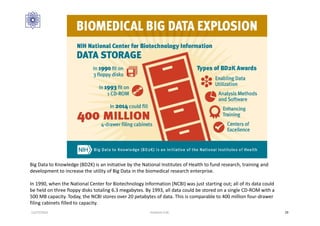 12/27/2016 Hashemi S.M. 29
Big Data to Knowledge (BD2K) is an initiative by the National Institutes of Health to fund research, training and
development to increase the utility of Big Data in the biomedical research enterprise.
In 1990, when the National Center for Biotechnology Information (NCBI) was just starting out; all of its data could
be held on three floppy disks totaling 6.3 megabytes. By 1993, all data could be stored on a single CD-ROM with a
500 MB capacity. Today, the NCBI stores over 20 petabytes of data. This is comparable to 400 million four-drawer
filing cabinets filled to capacity.
 
