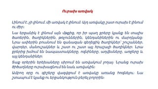 Ուրախ առվակ
, ,
Լինում է չի լինում մի առվակ է լինում։ Այդ առվակը շատ ուրախ է լինում
ու ժիր։
,
Նա երջանիկ է լինում այն մթքից որ իր պաղ ջրերը կյանք են տալիս
, , ,
ծառերին ծաղիկներին թռչուններին կենդանիներին ու մարդկանց։
,
Նրա ափերին բուսնում են զանազան գեղեցիկ ծաղիկներ՝ շուշաններ
,
վարդեր մանուշակներ և շատ ու շատ այլ հրաշալի ծաղիկներ։ Նրա
, , ,
ջրերից խմում են նապաստակները ոզնիները աղվեսները առջերը և
այլ կենդանիներ։
Տաք օրերին երեխաները սիրում են առվակում լողալ։ Նրանց ուրախ
ծիծաղները ուրախացնում են նաև առվակին։
Ամբող օրը ու գիշերը վազվզում է առվակը առանց հոգնելու։ Նա
շտապում է կյանք ու երջանկություն բերել բոլորին։
 