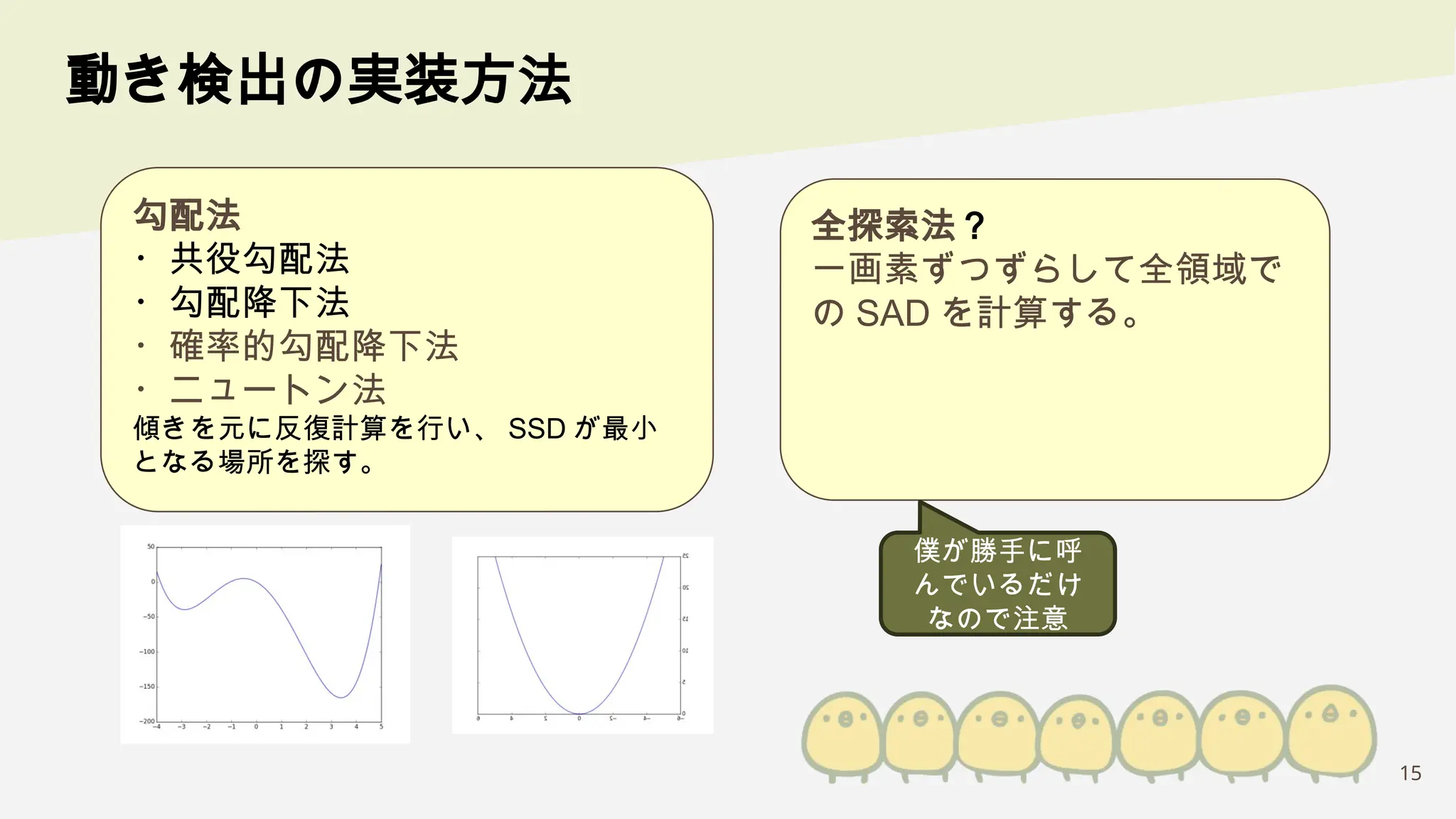 15
動き検出の実装方法
勾配法
・共役勾配法
・勾配降下法
・確率的勾配降下法
・ニュートン法
傾きを元に反復計算を行い、 SSD が最小
となる場所を探す。
全探索法？
一画素ずつずらして全領域で
の SAD を計算する。
僕が勝手に呼
んでいるだけ
なので注意
 