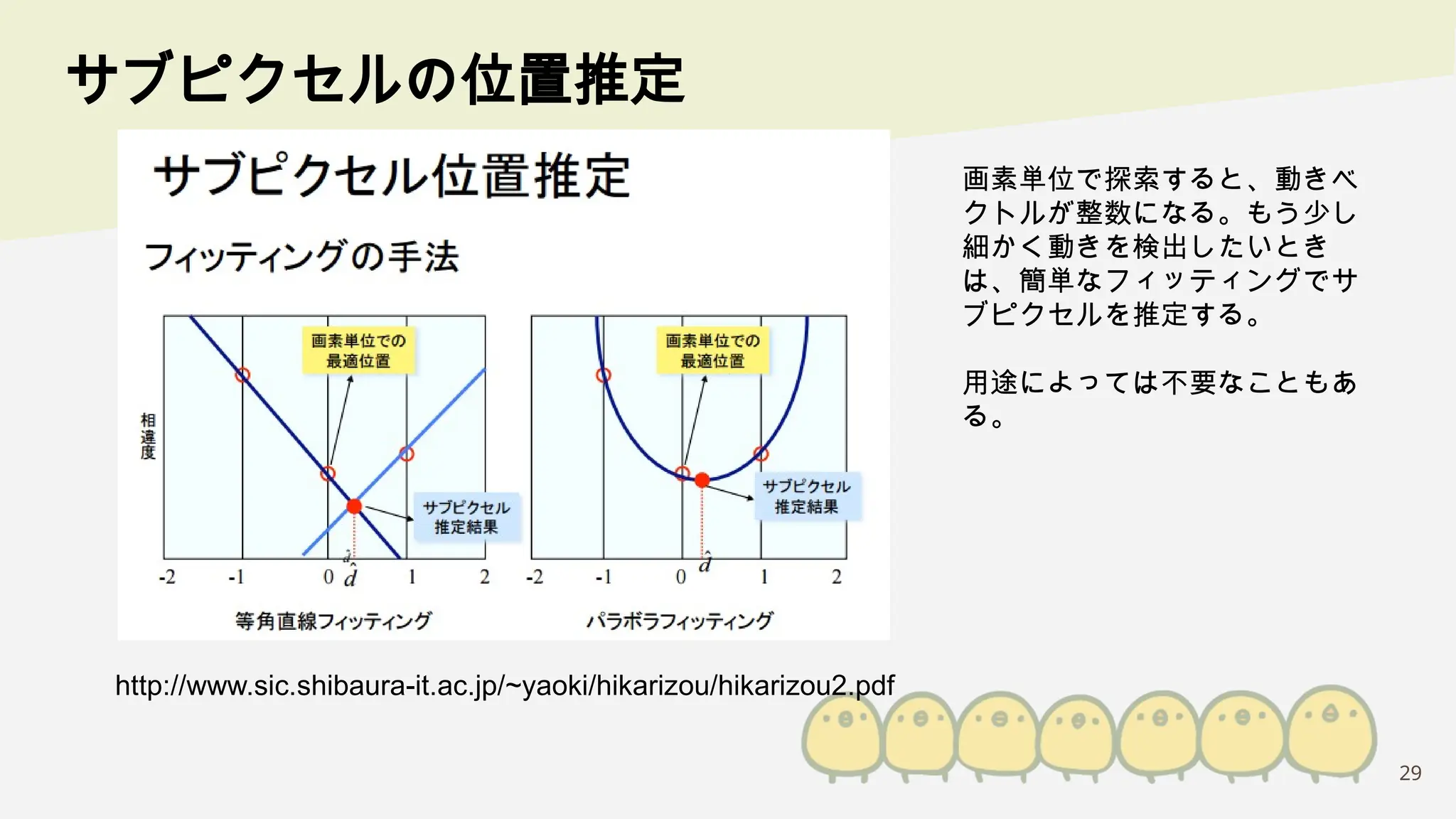 29
サブピクセルの位置推定
http://www.sic.shibaura-it.ac.jp/~yaoki/hikarizou/hikarizou2.pdf
画素単位で探索すると、動きベ
クトルが整数になる。もう少し
細かく動きを検出したいとき
は、簡単なフィッティングでサ
ブピクセルを推定する。
用途によっては不要なこともあ
る。
 