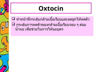  ทำหน้าที่กระตุ้นกล้ามเนื้อเรียบและมดลูกให้หดตัว
 กระตุ้นการหดตัวของกล้ามเนื้อเรียบรอบ ๆ ต่อม
น้ำนม เพื่อช่วยในการให้นมบุตร
Oxtocin
 