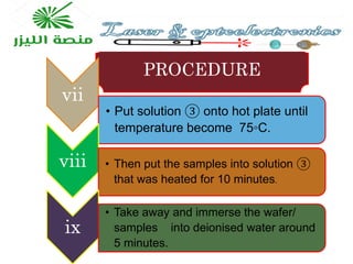 .
PROCEDURE
vii
• Put solution ③ onto hot plate until
temperature become 75◦C.
viii • Then put the samples into solution ③
that was heated for 10 minutes.
ix
• Take away and immerse the wafer/
samples into deionised water around
5 minutes.
 