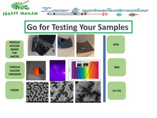Go for Testing Your Samples
POROUS
SILICON
EMISSION
POROUS
SILICON
INSIDE
THE
WATER
FESEM UV-VIS
XRD
AFM
 