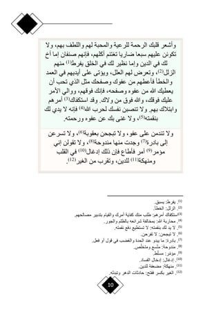 10
‫قلبك‬ ‫وأشعر‬
‫وّل‬ ،‫بهم‬ ‫واللطف‬ ‫لهم‬ ‫والمحبة‬ ‫للرعية‬ ‫الرحمة‬
‫أخ‬ ‫إما‬ ‫صنفان‬ ‫فإنهم‬ ،‫أكلهم‬ ‫تنم‬ ‫ت‬ ‫راريا‬ ‫سبعا‬ ‫عليهم‬ ‫تكونن‬
‫يفرط‬ ‫الخلق‬ ‫في‬ ‫لك‬ ‫نظير‬ ‫وإما‬ ‫الدين‬ ‫في‬ ‫لك‬
(
1
)
‫منهم‬
‫الزلل‬
(
2
)
‫العمد‬ ‫في‬ ‫أيديهم‬ ‫على‬ ‫وييتى‬ ،‫العلل‬ ‫لهم‬ ‫وتعرض‬ ،
‫أن‬ ‫تحب‬ ‫الذي‬ ‫مثل‬ ‫وصفحك‬ ‫عفوك‬ ‫من‬ ‫فأعطهم‬ ‫والخطأ‬
‫ع‬ ‫من‬ ‫هللا‬ ‫يعطيك‬
‫األمر‬ ‫ووالي‬ ،‫فوقهم‬ ‫فإنك‬ ،‫وصفحه‬ ‫فوه‬
‫استكفاك‬ ‫وقد‬ .‫وّلك‬ ‫من‬ ‫فوق‬ ‫وهللا‬ ،‫فوقك‬ ‫عليك‬
(
3
)
‫أمرهم‬
‫هللا‬ ‫لحرب‬ ‫نفسك‬ ‫تنصبن‬ ‫وّل‬ .‫بهم‬ ‫وابتالك‬
(
4
)
‫لك‬ ‫يدي‬ ‫ّل‬ ‫فإنه‬
‫بنقمته‬
(
5
)
‫ورحمته‬ ‫عفوه‬ ‫عن‬ ‫بك‬ ‫غنى‬ ‫وّل‬ ،
.
‫بعقوبة‬ ‫تبجحن‬ ‫وّل‬ ،‫عفو‬ ‫على‬ ‫تندمن‬ ‫وّل‬
(
6
)
‫تسرعن‬ ‫وّل‬ ،
‫بادرة‬ ‫إلى‬
(
7
)
‫مندوحة‬ ‫منها‬ ‫وجدت‬
(
8
)
‫إني‬ ‫تقولن‬ ‫وّل‬ ،
‫ميمر‬
(
9
)
‫إدغال‬ ‫ذلك‬ ‫فإن‬ ‫فأطاع‬ ‫آمر‬
(
10
)
‫القلب‬ ‫في‬
‫ومنهكة‬
(
11
)
‫ير‬ ‫ال‬ ‫من‬ ‫وتقرب‬ ،‫للدين‬
(
12
)
.
)
1
(
.
:‫رط‬ ‫ي‬
.‫يسبق‬
)
2
(
.
:‫الالع‬
.‫الخطأ‬
)
3
(
‫ا‬ ‫استب‬
:‫أمرهم‬
.‫مصالحهم‬ ‫بتدبير‬ ‫والقيام‬ ‫أمر‬ ‫اية‬ ‫ب‬ ‫من‬ ‫طل‬
)
4
(
‫محاربة‬ .
:‫هللا‬
.‫والجور‬ ‫بالولم‬ ‫شرائ‬ ‫ة‬ ‫بمخال‬
)
5
(
‫ل‬ ‫يد‬ ‫ال‬ .
: ‫بنقمت‬
. ‫نقمت‬ ‫دفع‬ ‫تستطيع‬ ‫ال‬
)
6
(
‫ال‬ .
:‫تبجحن‬
.‫رحن‬ ‫ت‬ ‫ال‬
)
7
(
.
:‫بادرة‬
.‫ع‬ ‫ف‬ ‫أو‬ ‫لوع‬ ‫في‬ ‫ض‬ ‫وال‬ ‫الحدة‬ ‫عند‬ ‫يبدو‬ ‫ما‬
)
8
(
.
:‫مندوحة‬
.‫ص‬‫أ‬‫ومتخل‬ ‫سع‬‫أ‬‫ت‬‫م‬
)
9
(
.
‫ر‬‫أ‬‫م‬‫مؤ‬
:
.‫ط‬‫أ‬‫مسل‬
)
10
(
.
:‫إدغاع‬
.‫ساد‬ ‫ال‬ ‫إدخاع‬
)
11
(
.
:‫منهبة‬
.‫للدين‬ ‫ة‬ ‫مض‬
)
12
(
‫ببسر‬ ‫ير‬ ‫ال‬ .
:‫تح‬ ‫ف‬
. ‫وتبدل‬ ‫الدهر‬ ‫ا‬ ‫حاد‬
 