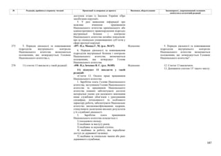 187
№ Редакція, прийнята в першому читанні Пропозиції та поправки до проекту Висновки, обґрунтування Законопроект, запропонований головним
комітетом в остаточній редакції
доступом згідно із Законом України «Про
запобігання корупції».
5. У разі виявлення інформації про
можливе вчинення працівником
Національного агентства кримінального або
адміністративного правопорушення підрозділ
внутрішньої безпеки і контролю
Національного агентства негайно повідомляє
про це спеціально уповноважених суб’єктів у
сфері протидії корупції.
-497- Н.д. Мамка Г. М. (р.к. №147) Відхилено
273 5. Порядок діяльності та повноваження
підрозділів внутрішнього контролю
Національного агентства визначаються
положенням, яке затверджується Головою
Національного агентства.»;
6. Порядок діяльності та повноваження
підрозділів внутрішньої безпеки і контролю
Національного агентства визначаються
положенням, яке затверджує Голова
Національного агентства.
5. Порядок діяльності та повноваження
підрозділів внутрішнього контролю
Національного агентства визначаються
положенням, що затверджується Головою
Національного агентства".
-498- Н.д. Івченко В. Є. (р.к. №185) Відхилено
274 11) статтю 13 викласти у такій редакції:
11) підпункт 11 викласти у такій
редакції:
«Стаття 13. Оплата праці працівників
Національного агентства
1. Заробітна плата Голови Національного
агентства, заступників Голови Національного
агентства та працівників Національного
агентства повинні забезпечувати достатні
матеріальні умови для належного виконання
ними службових обов’язків з урахуванням
специфіки, інтенсивності та особливого
характеру роботи, забезпечувати Національне
агентство висококваліфікованими кадрами,
стимулювати досягнення високих результатів
у їх службової діяльності.
2. Заробітна плата працівників
Національного агентства складається з:
1) посадового окладу;
2) надбавки за вислугу років;
3) надбавка за науковий ступінь;
4) надбавка за роботу, яка передбачає
доступ до державної таємниці;
5) надбавка за спеціальне звання або ранг
державного службовця;
12. Статтю 13 виключити.
13. Доповнити статтею 131 такого змісту:
 