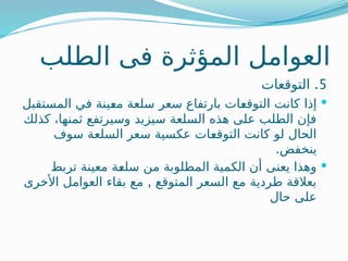 ‫الطلب‬ ‫فى‬ ‫المؤثرة‬ ‫العوامل‬
5
.
‫التوقعات‬

‫إذا‬
‫المستقبل‬ ‫في‬ ‫ـينة‬
‫ع‬‫م‬ ‫سلعة‬ ‫سعر‬ ‫بارتفاع‬ ‫ـات‬
‫ع‬‫التوق‬ ‫كانت‬
‫كذلك‬ ،‫ثمنها‬ ‫وسيرتفع‬ ‫سيزيد‬ ‫السلعة‬ ‫هذه‬ ‫على‬ ‫الطلب‬ ‫فإن‬
‫سوف‬ ‫السلعة‬ ‫سعر‬ ‫عكسية‬ ‫ـات‬
‫ع‬‫التوق‬ ‫كانت‬ ‫لو‬ ‫الحال‬
.‫ينخفض‬

‫تربط‬ ‫معينة‬ ‫ـة‬
‫ع‬‫سل‬ ‫من‬ ‫المطلوبة‬ ‫الكمية‬ ‫أن‬ ‫يعنى‬ ‫وهذا‬
,
‫األخرى‬ ‫العوامل‬ ‫بقاء‬ ‫مع‬ ‫المتوقع‬ ‫السعر‬ ‫مع‬ ‫طردية‬ ‫بعالقة‬
‫حال‬ ‫على‬
 