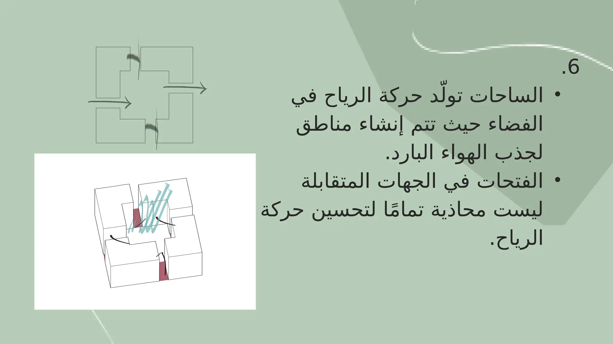 6
.
•
‫في‬ ‫الرياح‬ ‫حركة‬ ‫د‬ّ‫تول‬ ‫الساحات‬
‫مناطق‬ ‫إنشاء‬ ‫تتم‬ ‫حيث‬ ‫الفضاء‬
.‫البارد‬ ‫الهواء‬ ‫لجذب‬
•
‫المتقابلة‬ ‫الجهات‬ ‫في‬ ‫الفتحات‬
‫حركة‬ ‫لتحسين‬ ‫ا‬ً‫م‬‫تما‬ ‫محاذية‬ ‫ليست‬
.‫الرياح‬
 