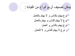 : ‫القيادة‬ ‫من‬ ‫أنواع‬ ‫أربع‬ ‫تصنيف‬ ‫يمكن‬

‫بالعمل‬ ‫يهتم‬ ‫ال‬ ‫و‬ ‫بالناس‬ ‫يهتم‬ ‫نوع‬

‫بالعمل‬ ‫يهتم‬ ‫و‬ ‫للناس‬ ‫يهتم‬ ‫ال‬ ‫نوع‬

‫العمل‬ ‫و‬ ‫بالناس‬ ‫يهتم‬ ‫نوع‬

.‫للعمل‬ ‫ال‬ ‫و‬ ‫للناس‬ ‫يهتم‬ ‫ال‬ ‫نوع‬ ‫و‬
 